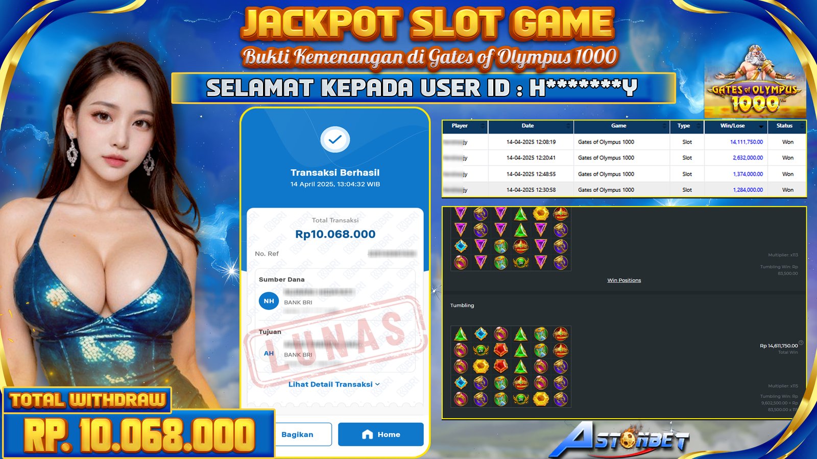 ASTONBET - KEMENANGAN MEMBER SLOT GAME DI GAME GATES OF OLYMPUS 1000 RP. 10.068.000,- LUNAS