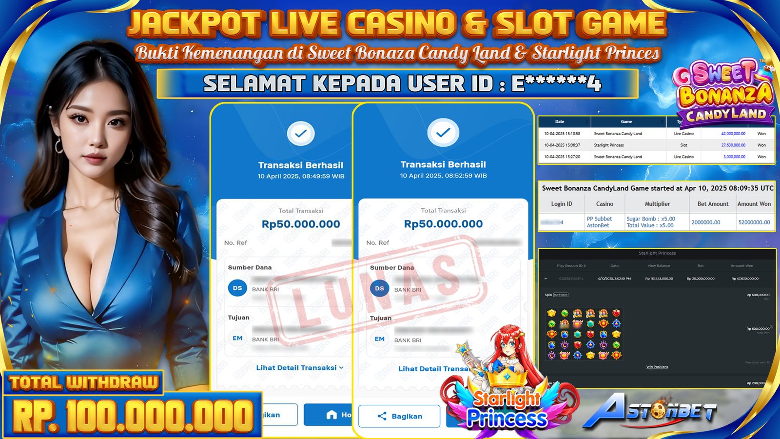 ASTONBET - KEMENANGAN MEMBER PRAGMATICPLAY LIVE CASINO & STARLIGHT PRINCESS RP. 100.000.000,- LUNAS