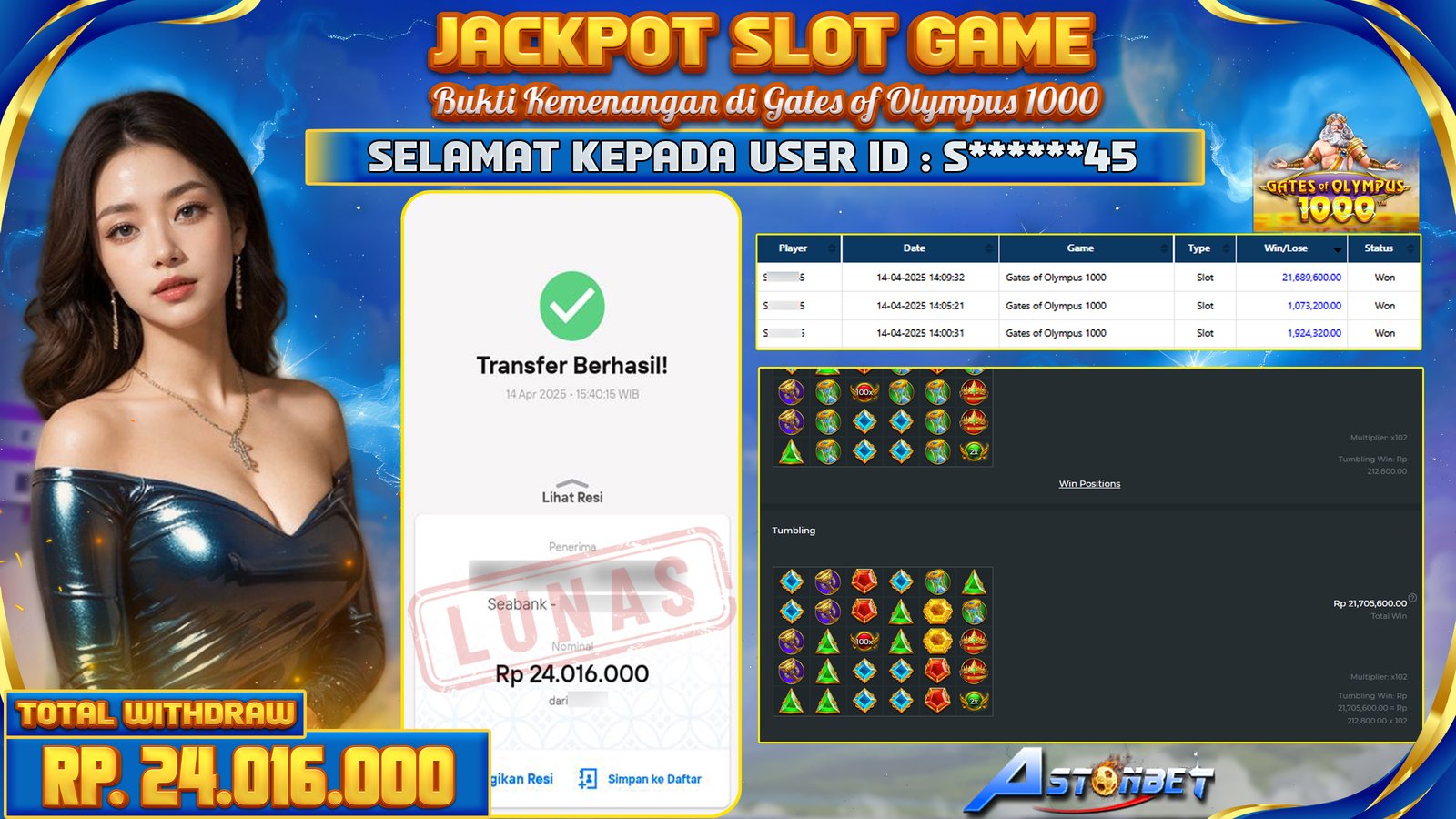 ASTONBET - KEMENANGAN MEMBER SLOT GAME DI GAME GATES OF OLYMPUS 1000 RP. 24.016.000,- LUNAS