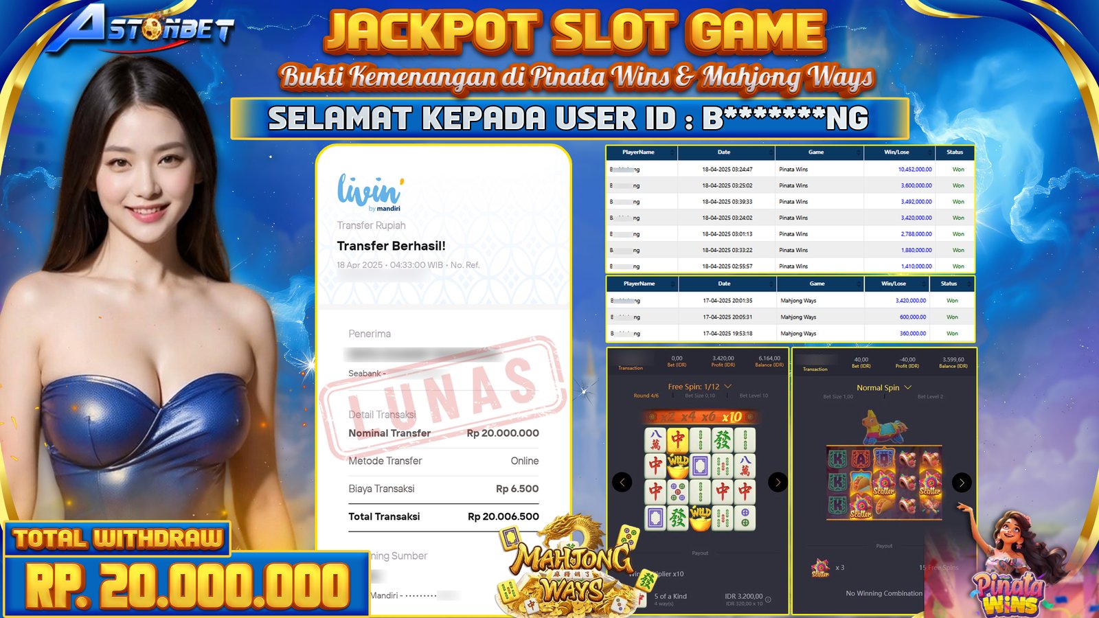ASTONBET - KEMENANGAN MEMBER SLOT GAME DI GAME PINATA WINS & MAHJONG WAYS RP. 20.000.000,- LUNAS