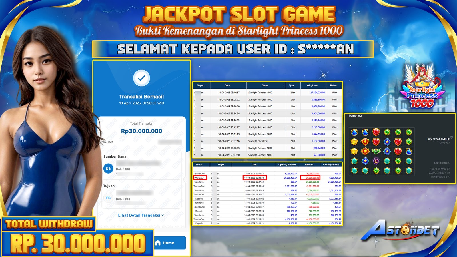 ASTONBET - KEMENANGAN MEMBER SLOT GAME DI GAME STARLIGHT PRINCESS 1000 RP. 30.000.000,- LUNAS