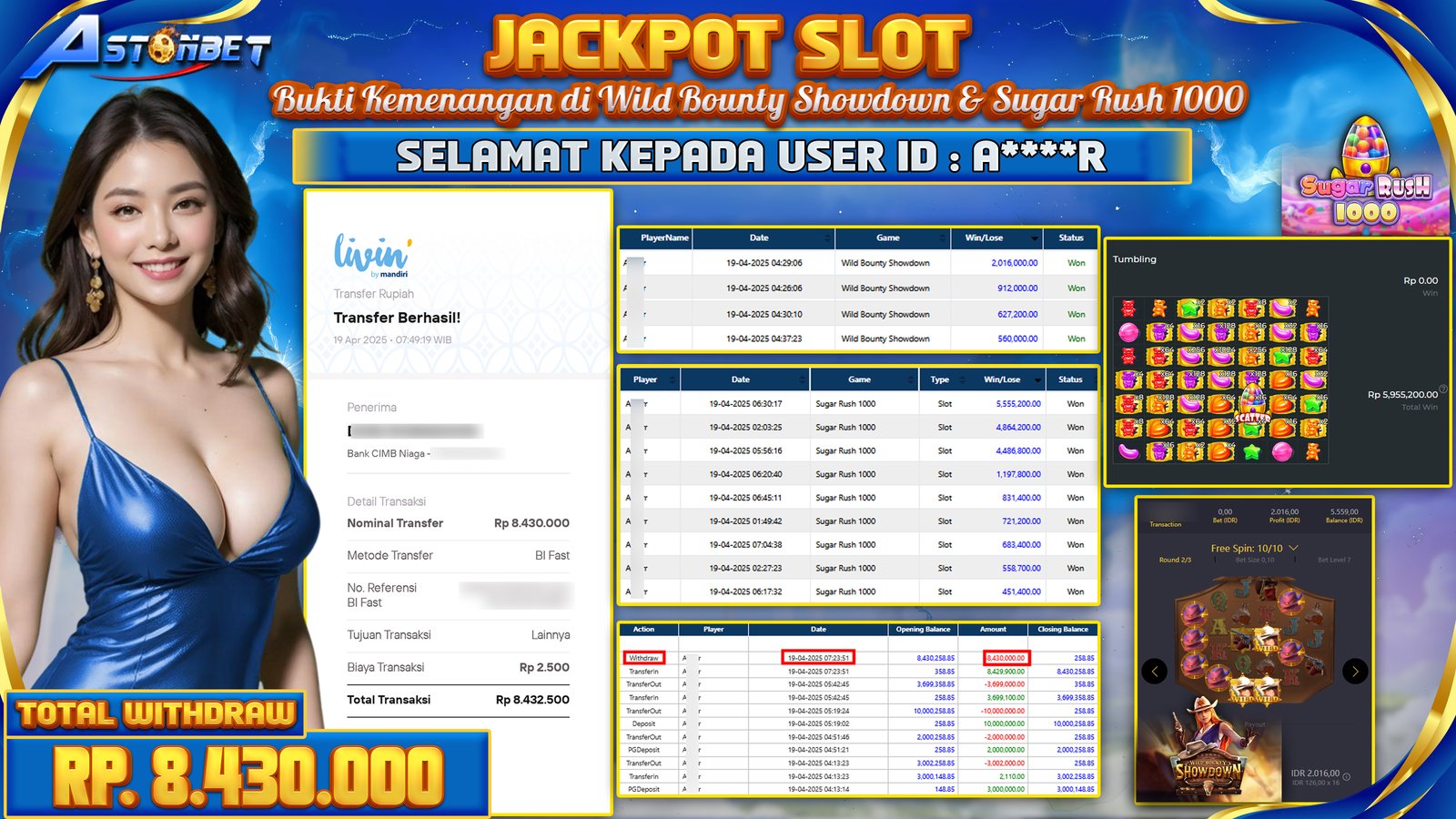 ASTONBET - KEMENANGAN MEMBER SLOT GAME DI GAME WILD BOUNTY SHOWDOWN & SUGAR RUSH 1000 RP. 8,430.000,- LUNAS