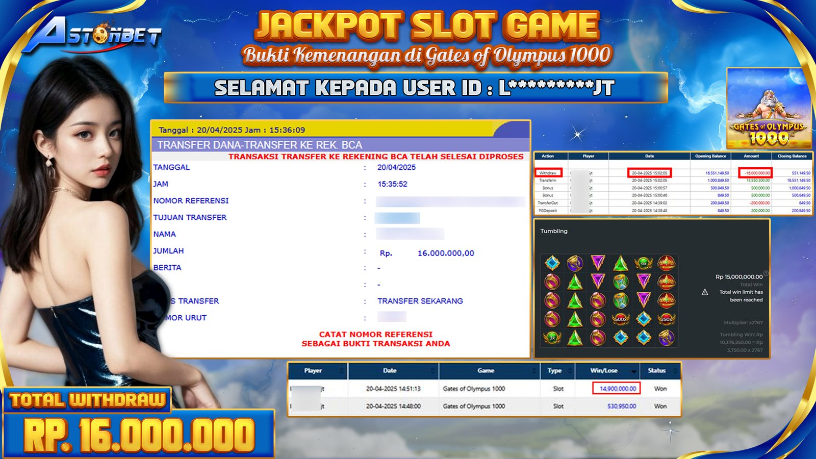 ASTONBET - KEMENANGAN MEMBER SLOT GAME DI GAME GATES OF OLYMPUS 1000 RP. 16.000.000,- LUNAS