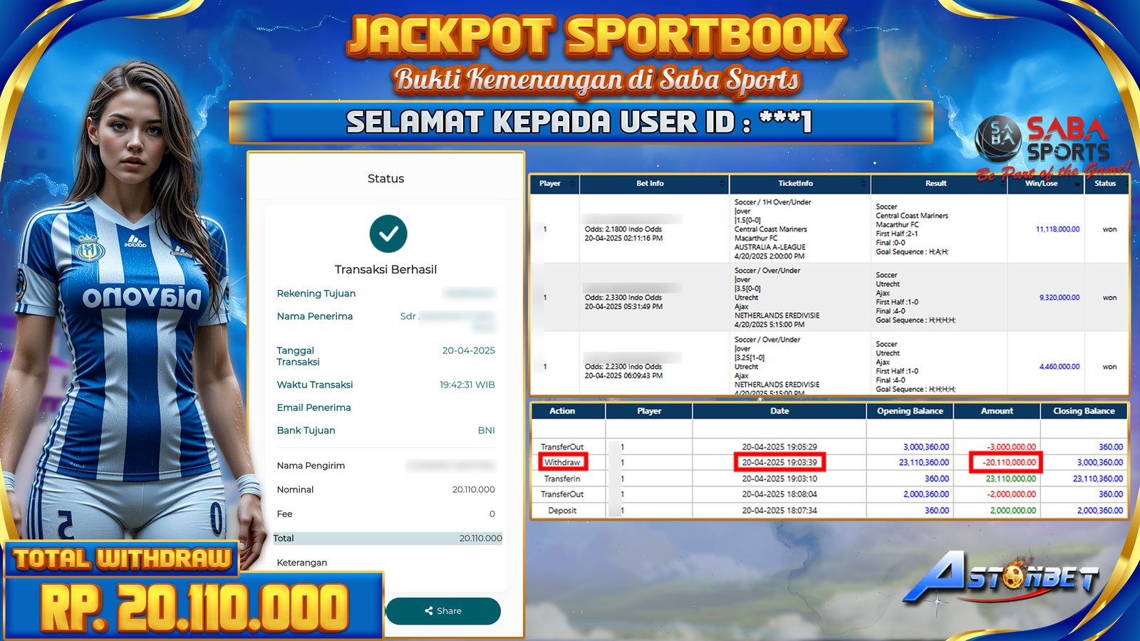 ASTONBET - KEMENANGAN MEMBER DI SPORTBOOK SABA SPORTS RP. 20.110.000,- LUNAS