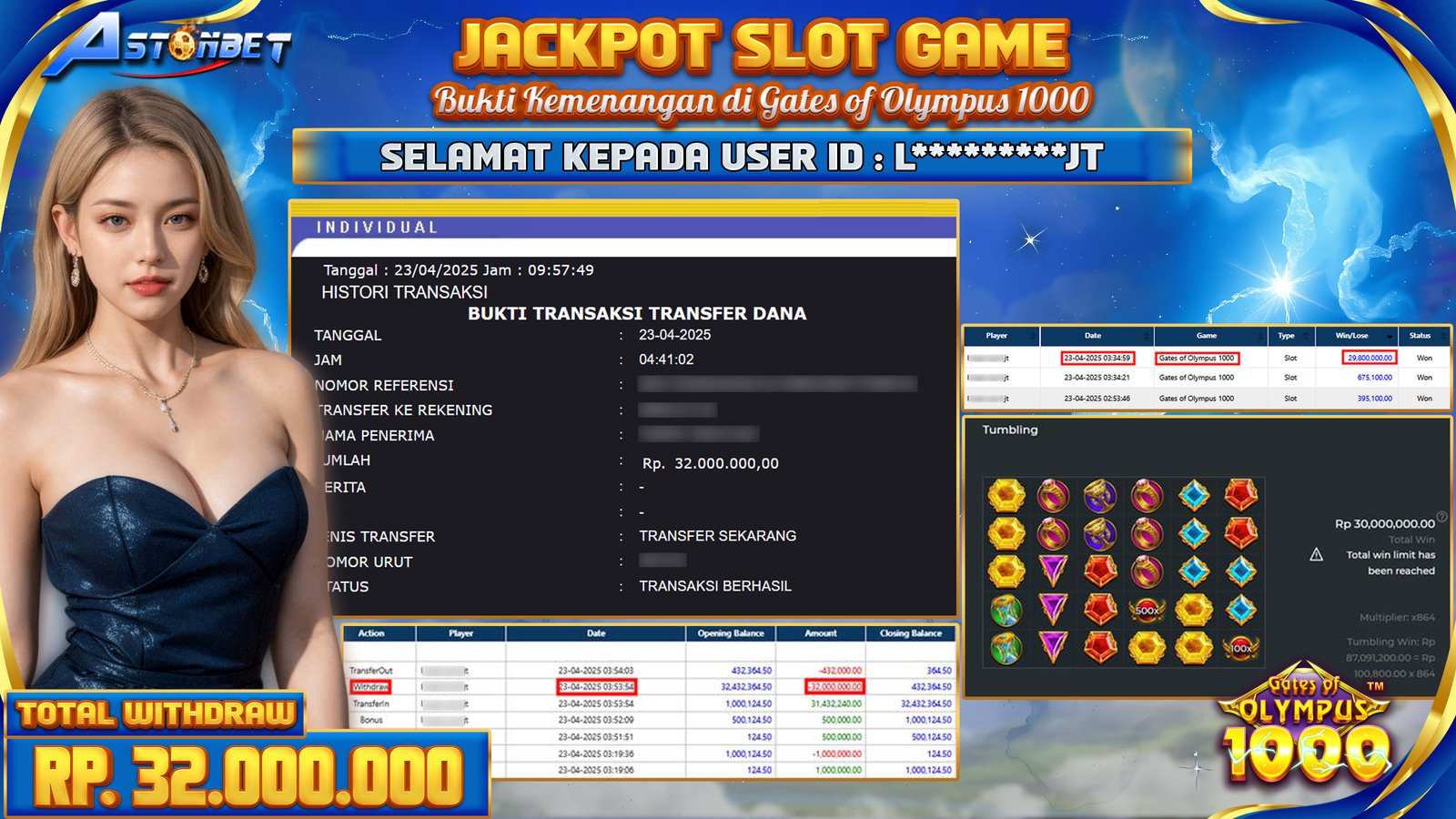ASTONBET - KEMENANGAN MEMBER SLOT GAME DI GAME GATES OF OLYMPUS 1000 RP. 32.000.000,- LUNAS