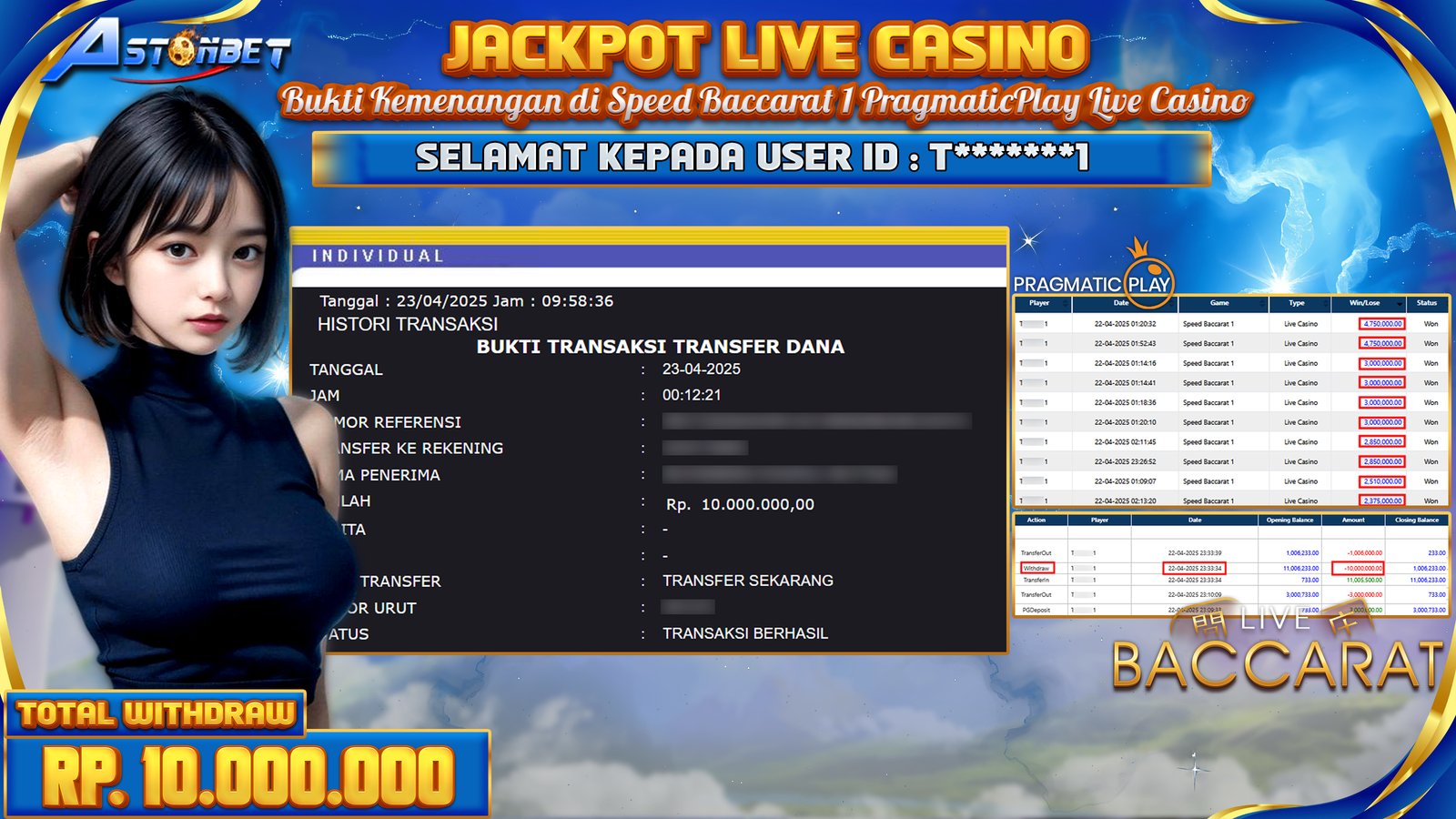 ASTONBET - KEMENANGAN MEMBER LIVE CASINO DI SPEED BACCARAT 1  RP. 10.000.000,- LUNAS
