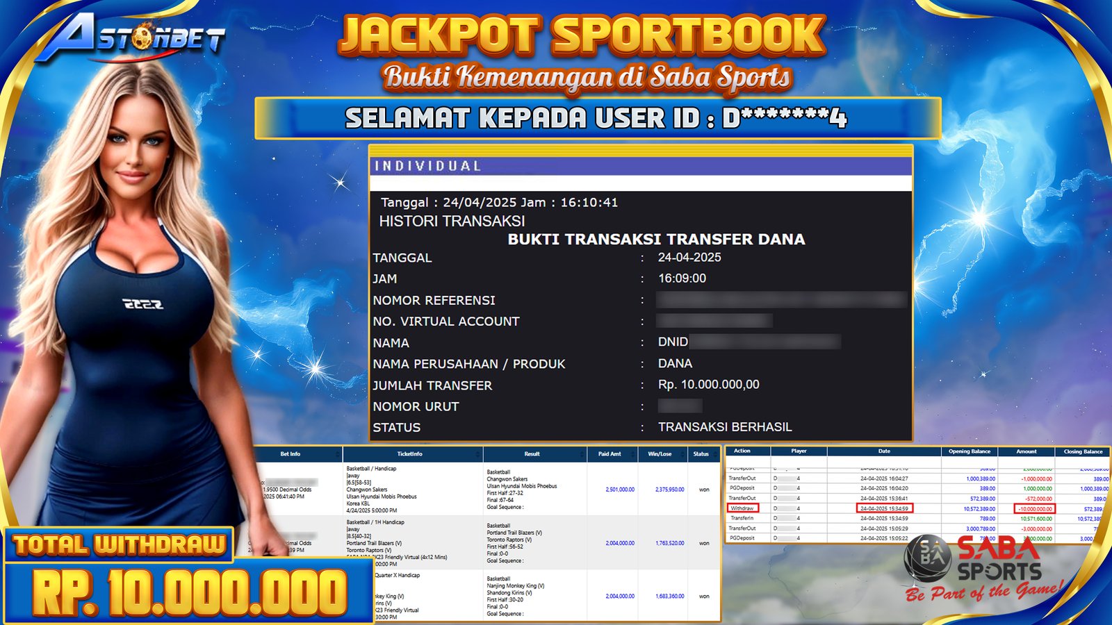 ASTONBET - KEMENANGAN MEMBER DI SPORTBOOK SABA SPORTS RP. 10.000.000,- LUNAS