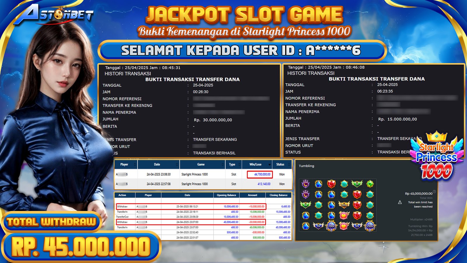 ASTONBET - KEMENANGAN MEMBER DI GAME STARLIGHT PRINCESS 1000 RP. 45.000.000,- LUNAS