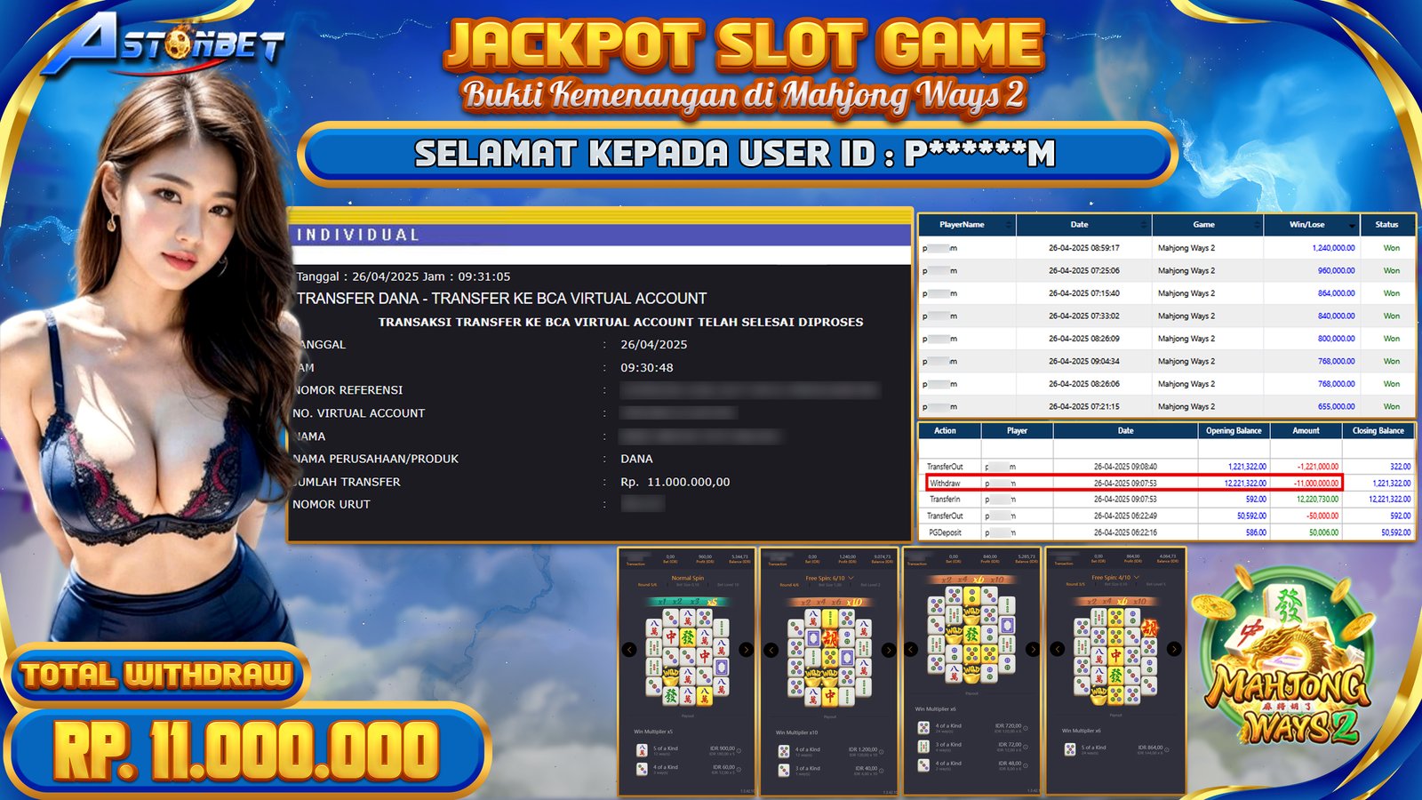ASTONBET - KEMENANGAN MEMBER DI GAME MAHJONG WAYS 2 RP. 11.000.000,- LUNAS