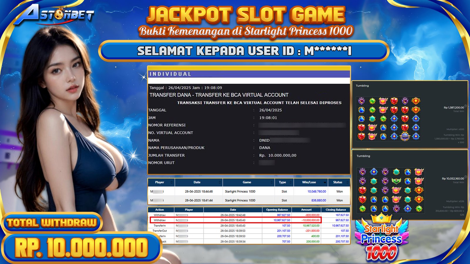 ASTONBET - KEMENANGAN MEMBER DI GAME STARLIGHT PRINCESS 1000 RP. 10.000.000,- LUNAS