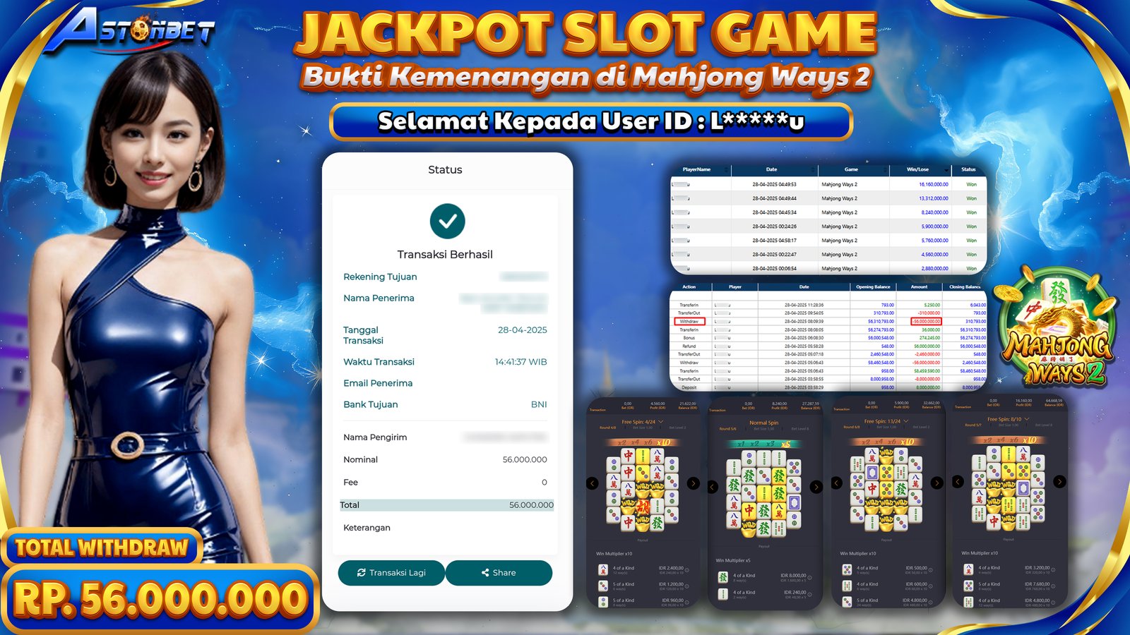 ASTONBET - KEMENANGAN MEMBER DI GAME MAHJONG WAYS 2 RP. 56.000.000,- LUNAS