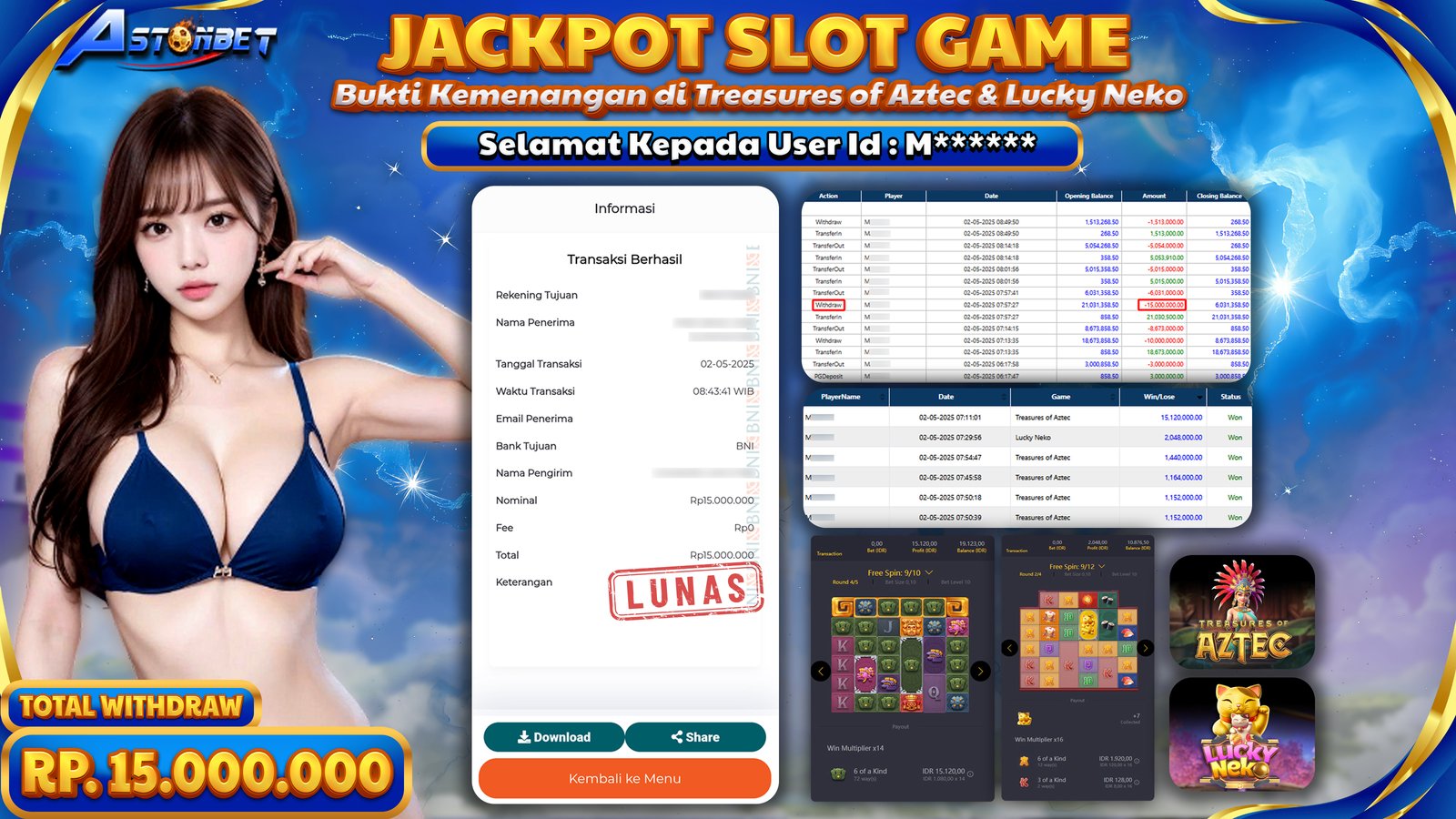 ASTONBET - KEMENANGAN MEMBER DI GAME TREASURES OF AZTEC & LUCKY NEKO RP. 15.000.000,- LUNAS