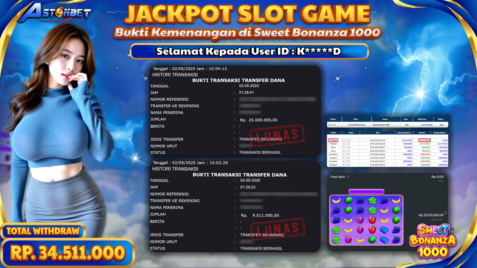 ASTONBET - KEMENANGAN MEMBER DI GAME SWEET BONANZA 1000 RP. 34.511.000,- LUNAS