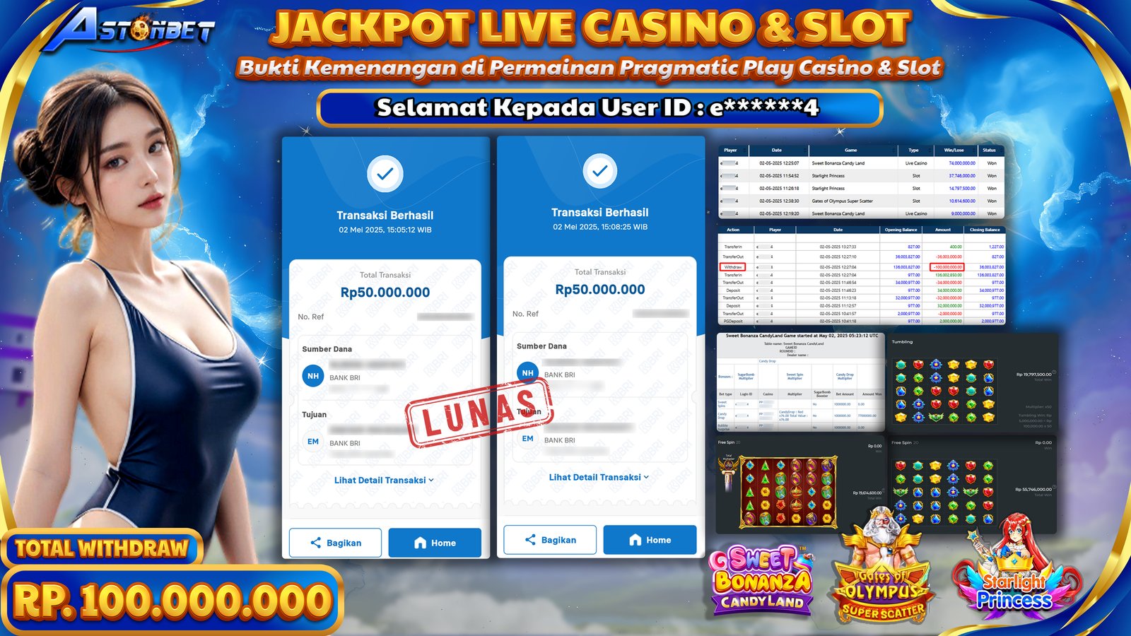 ASTONBET - KEMENANGAN MEMBER DI GAME PRAGMATIC PLAY LIVECASINO & SLOT RP. 100.000.000,- LUNAS