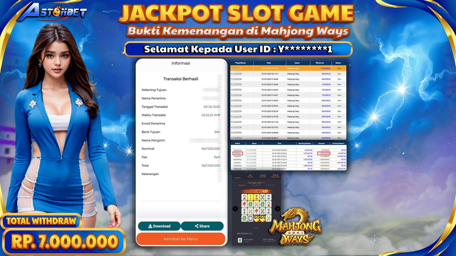 ASTONBET - KEMENANGAN MEMBER DI GAME MAHJONG WAYS RP. 7.000.000,- LUNAS