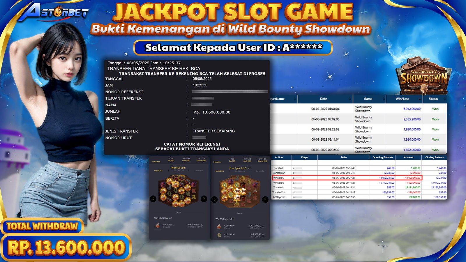 ASTONBET - KEMENANGAN MEMBER DI GAME WILD BOUNTY SHOWDOWN RP. 13.600.000,- LUNAS