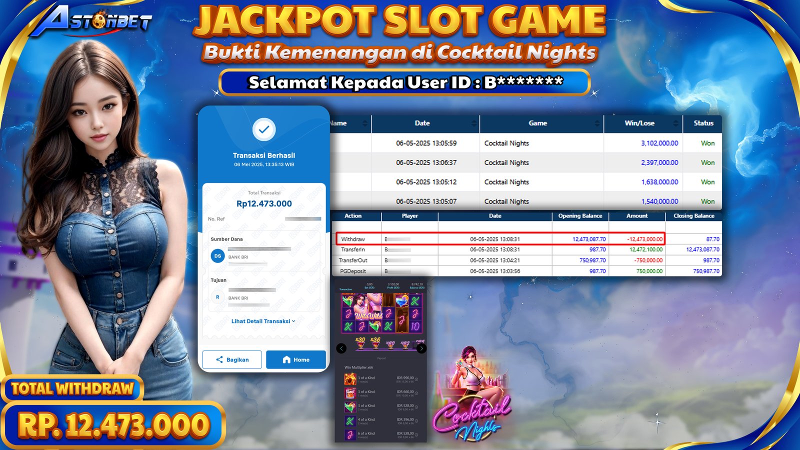 ASTONBET - KEMENANGAN MEMBER DI GAME COCKTAIL NIGHTS RP. 12.473.000,- LUNAS