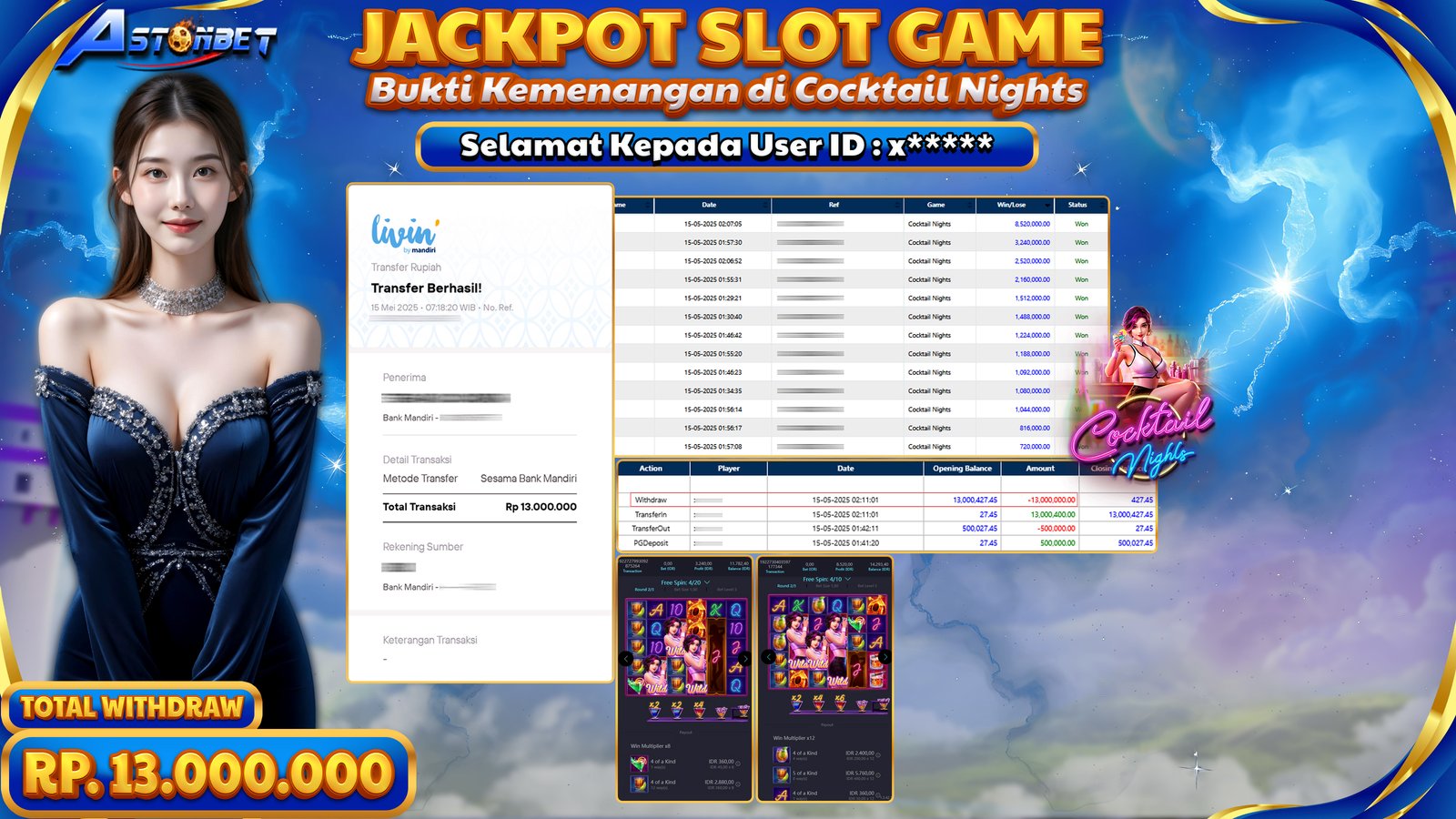 ASTONBET - KEMENANGAN MEMBER DI GAME COCKTAIL NIGHTS RP. 13.000.000,- LUNAS