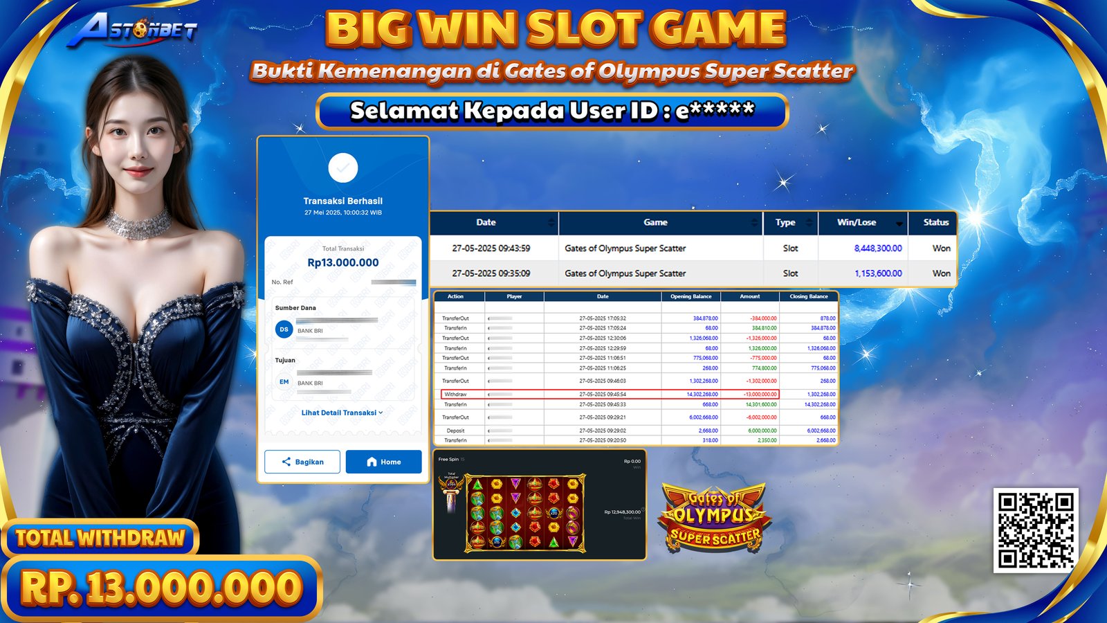 ASTONBET - KEMENANGAN MEMBER DI GAME GATES OF OLYMPUS SUPER SCATTER RP. 13.000.000,- LUNAS