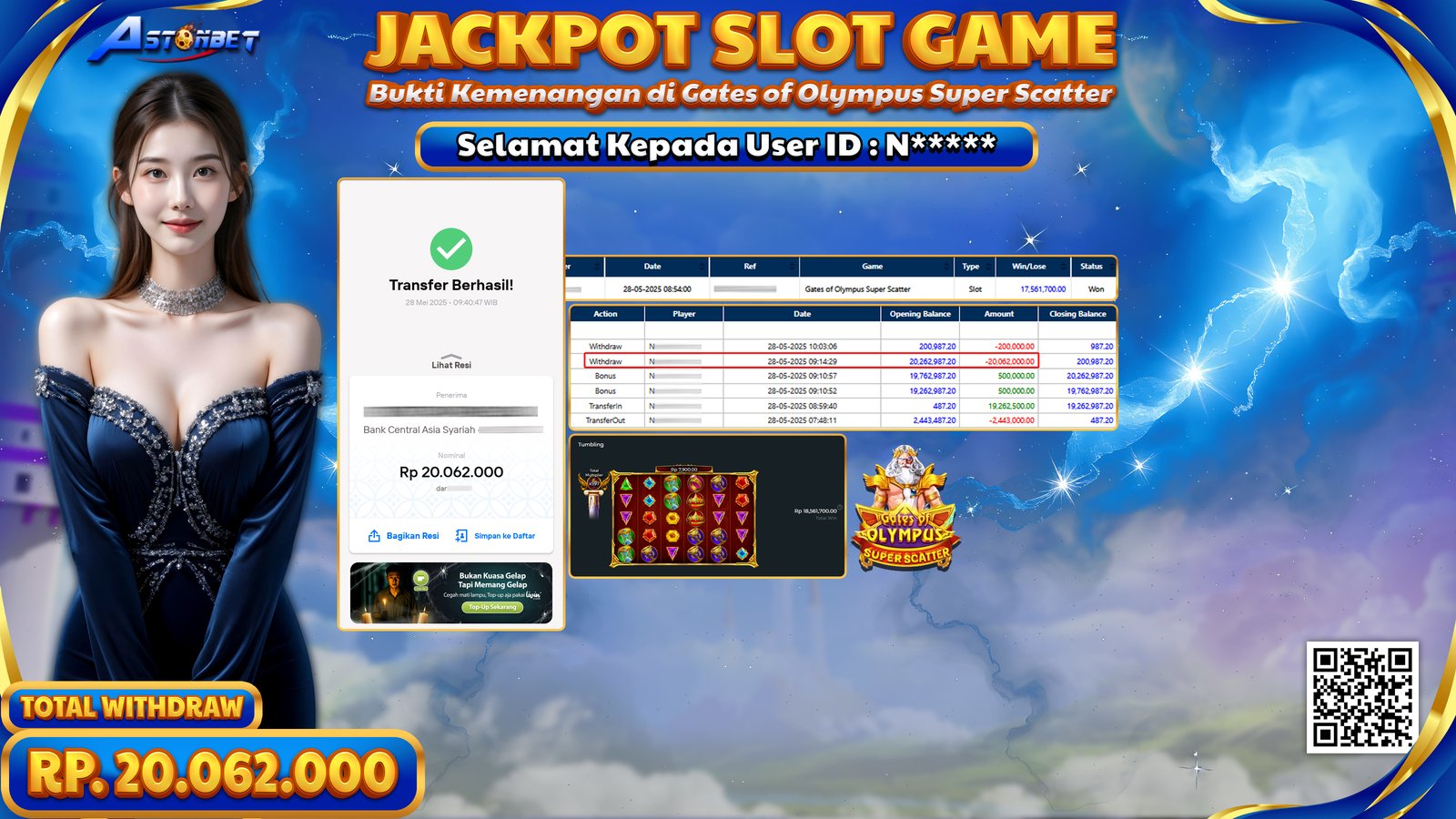 ASTONBET - KEMENANGAN MEMBER DI GAME GATES OF OLYMPUS SUPER SCATTER RP. 20.062.000,- LUNAS