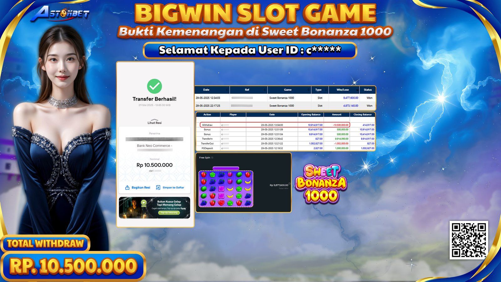 ASTONBET - KEMENANGAN MEMBER DI GAME SWEET BONANZA 1000 RP. 10.500.000,- LUNAS