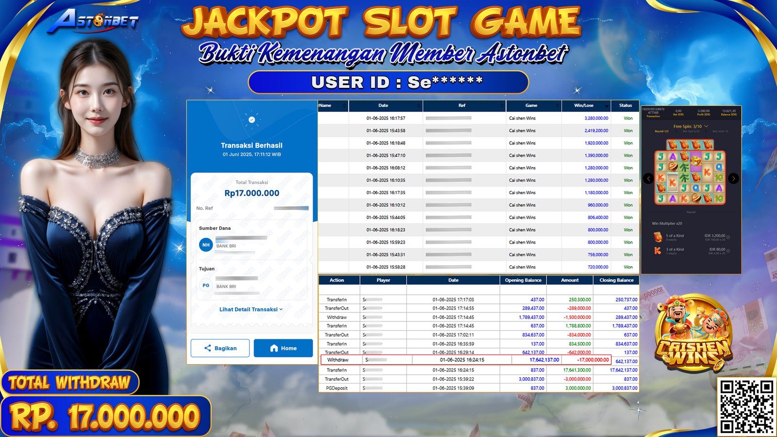 ASTONBET - KEMENANGAN MEMBER DI GAME CAISHEN WINS RP. 17.000.000,- LUNAS