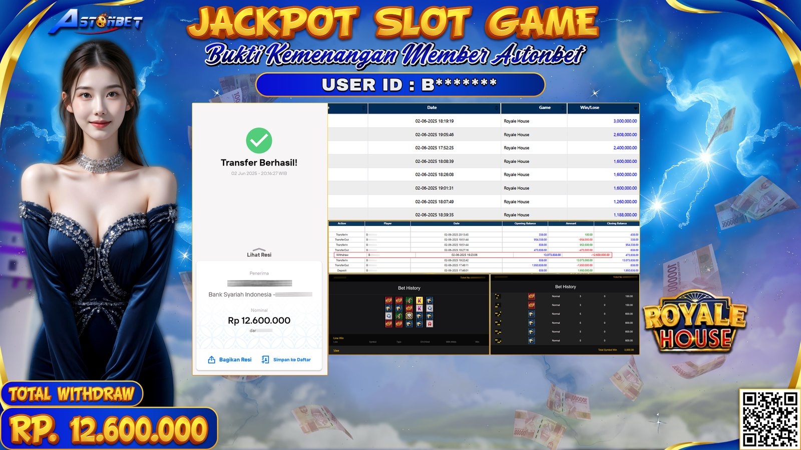 ASTONBET - KEMENANGAN MEMBER DI GAME ROYALE HOUSE RP. 12.600.000,- LUNAS
