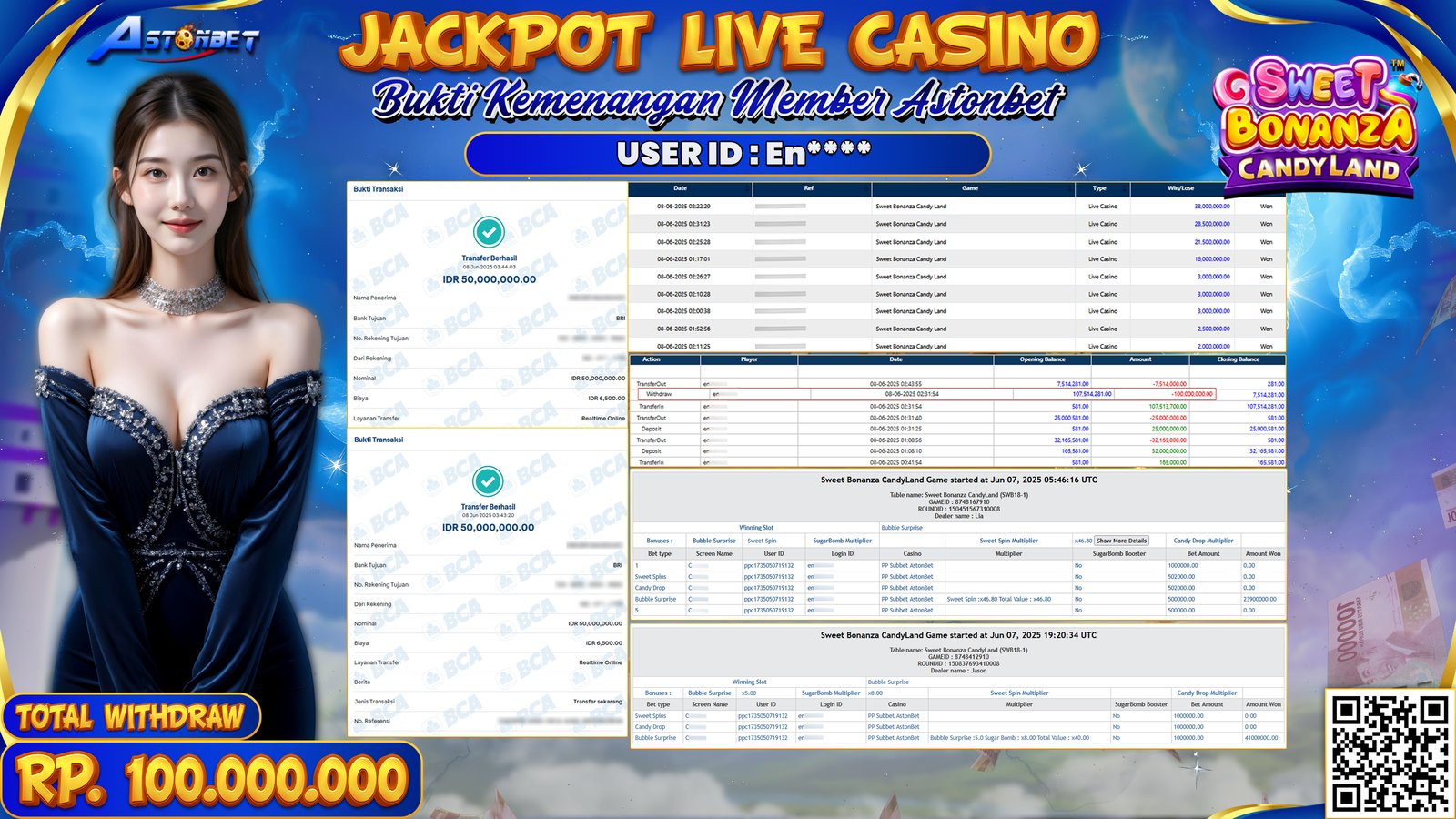 ASTONBET - KEMENANGAN MEMBER DI GAME SWEET BONANZA CANDYLAND LIVE CASINO RP. 100.000.000,- LUNAS