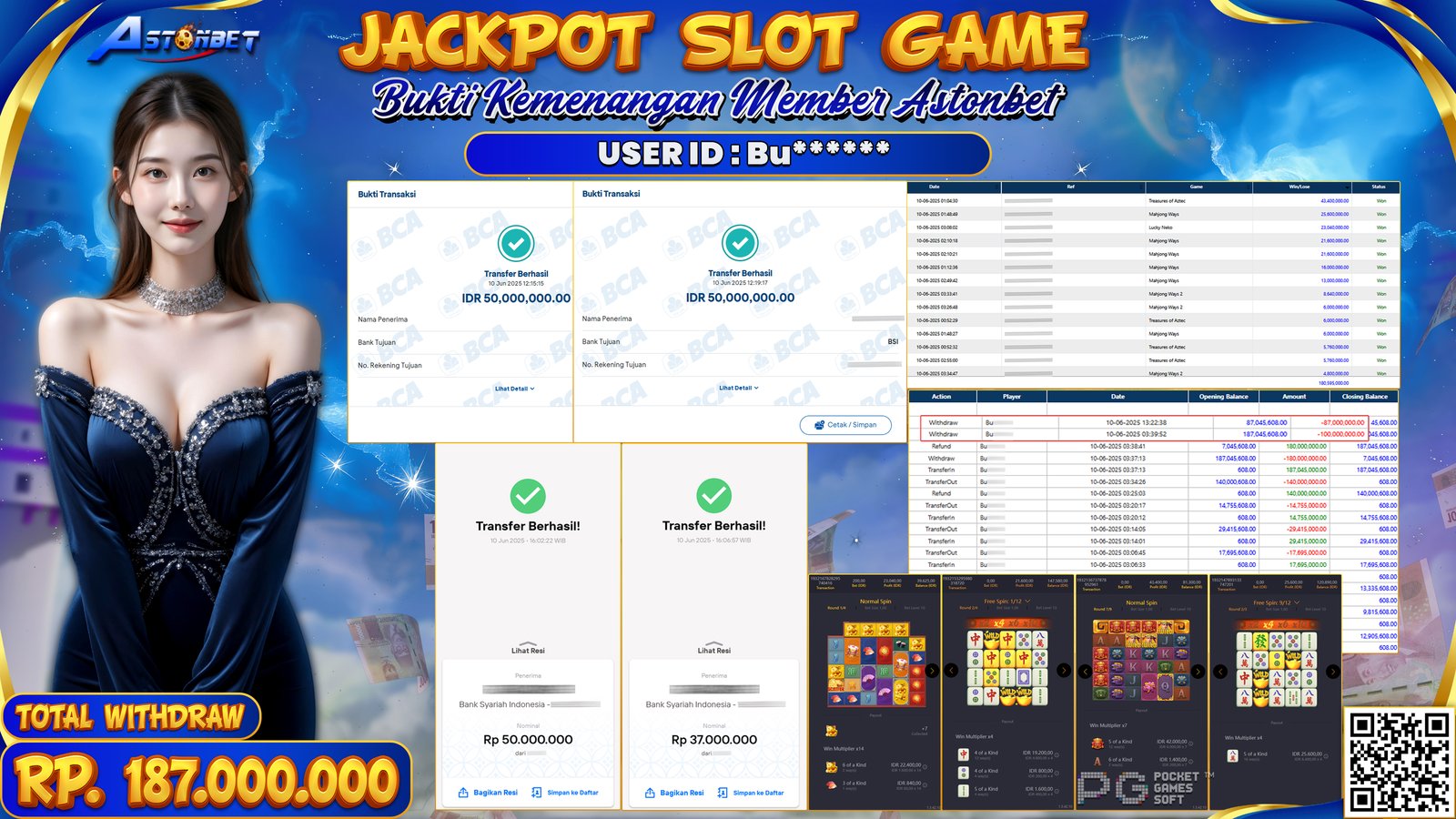 ASTONBET - KEMENANGAN MEMBER DI GAME PG SOFT RP. 187.000.000,- LUNAS