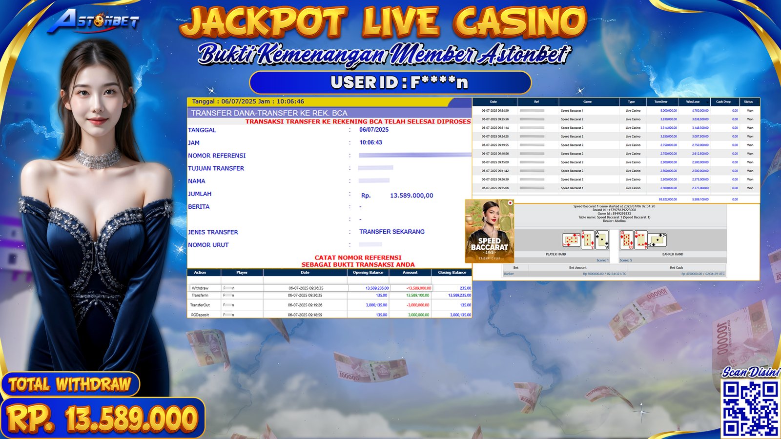 ASTONBET - KEMENANGAN MEMBER DI GAME SPEED BACCARAT 1 & 2 RP. 13.589.000,- LUNAS