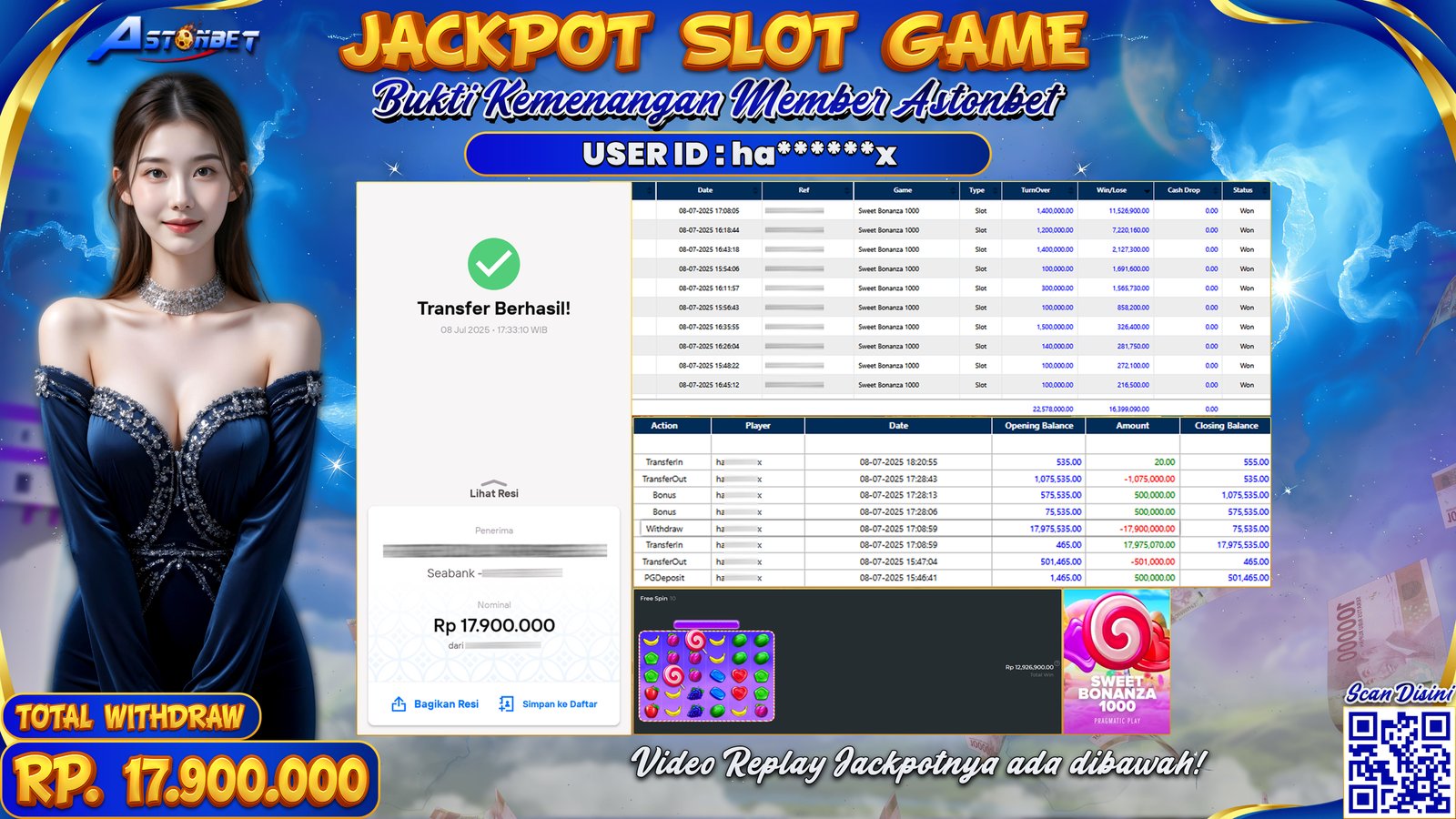 ASTONBET - KEMENANGAN MEMBER DI GAME SWEET BONANZA 1000 RP. 17.900.000,- LUNAS