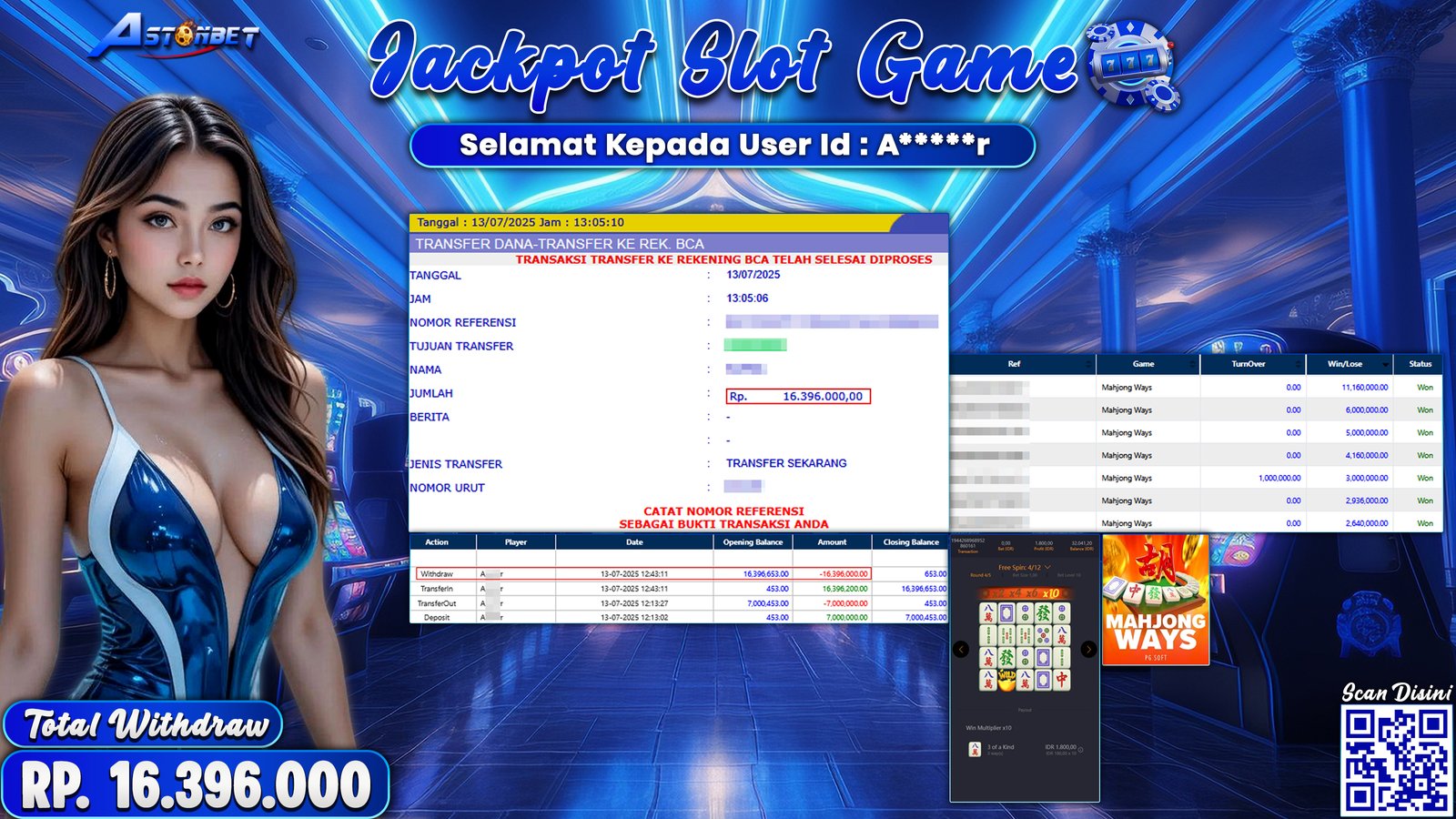 ASTONBET - KEMENANGAN MEMBER DI GAME MAHJONG WAYS RP. 16.396.000,- LUNAS