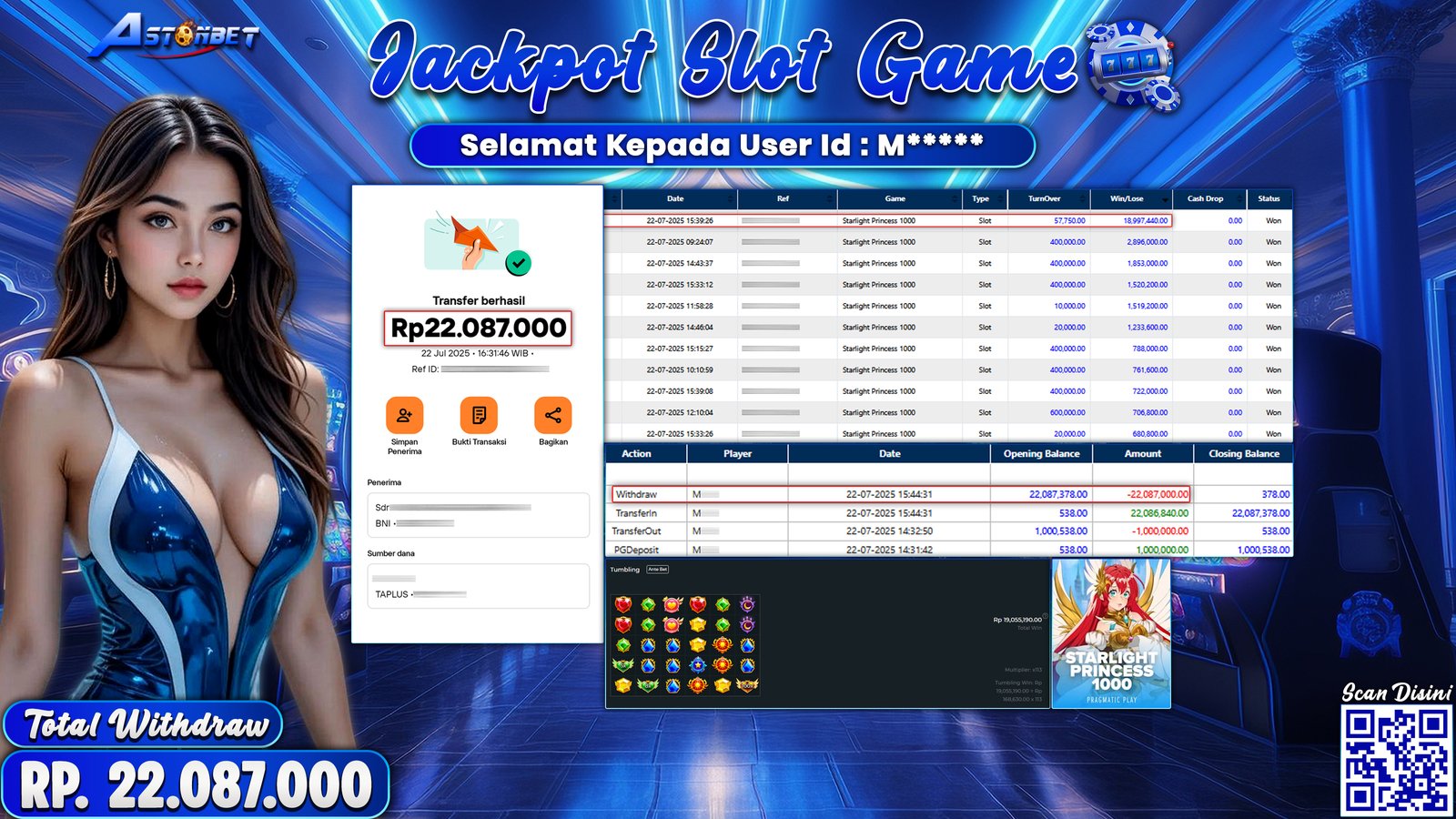ASTONBET - KEMENANGAN MEMBER DI GAME STARLIGHT PRINCESS 1000 RP. 22.087.000,- LUNAS