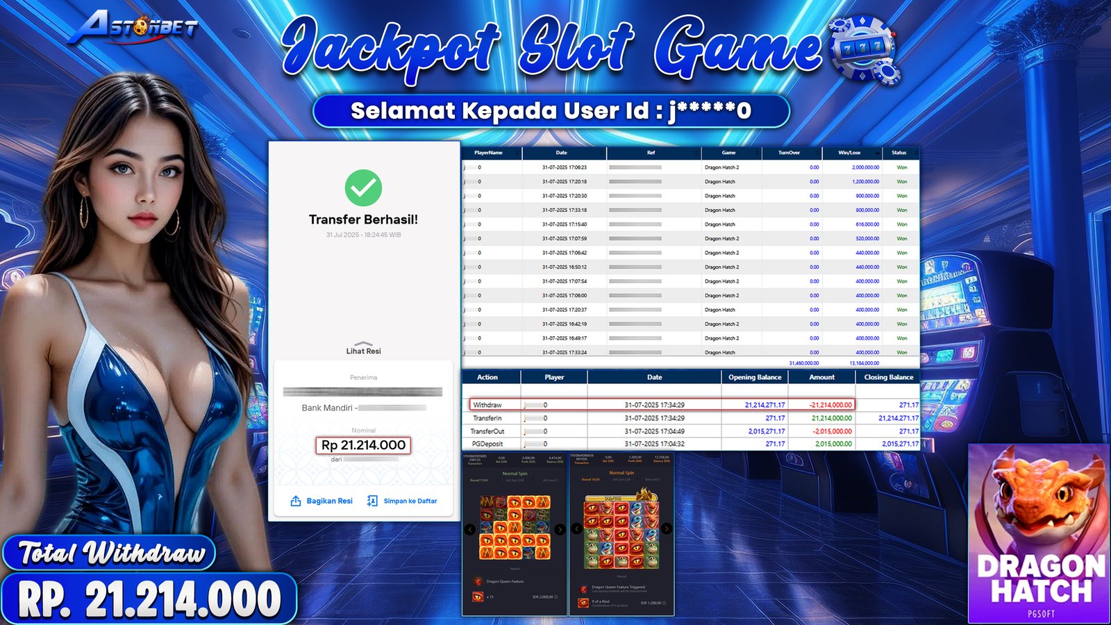 ASTONBET - KEMENANGAN MEMBER DI GAME DRAGON HATCH 1 & 2 RP. 21.214.000,- LUNAS