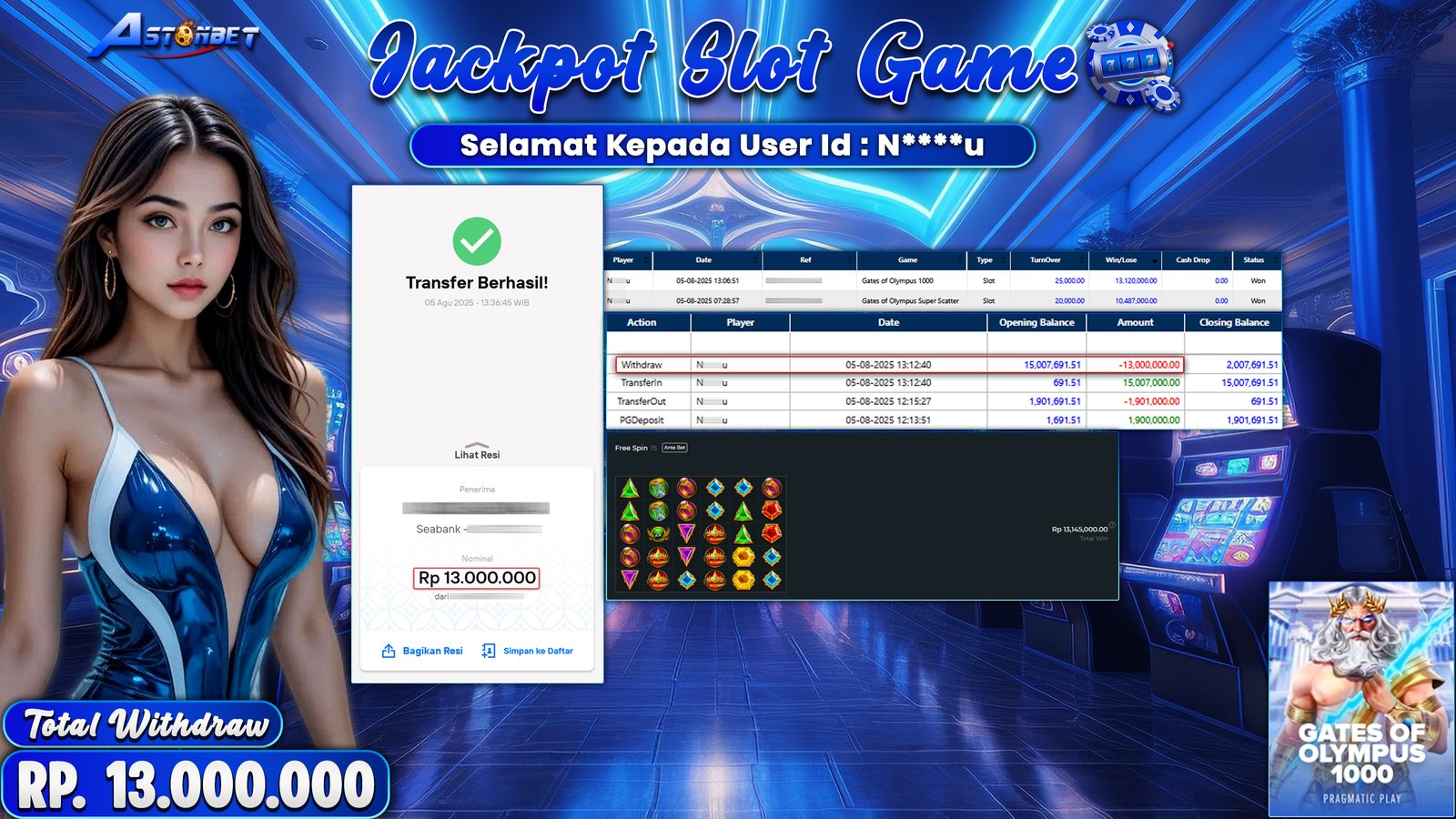 ASTONBET - KEMENANGAN MEMBER DI GAME GATES OF OLYMPUS 1000 RP. 13.000.000,- LUNAS