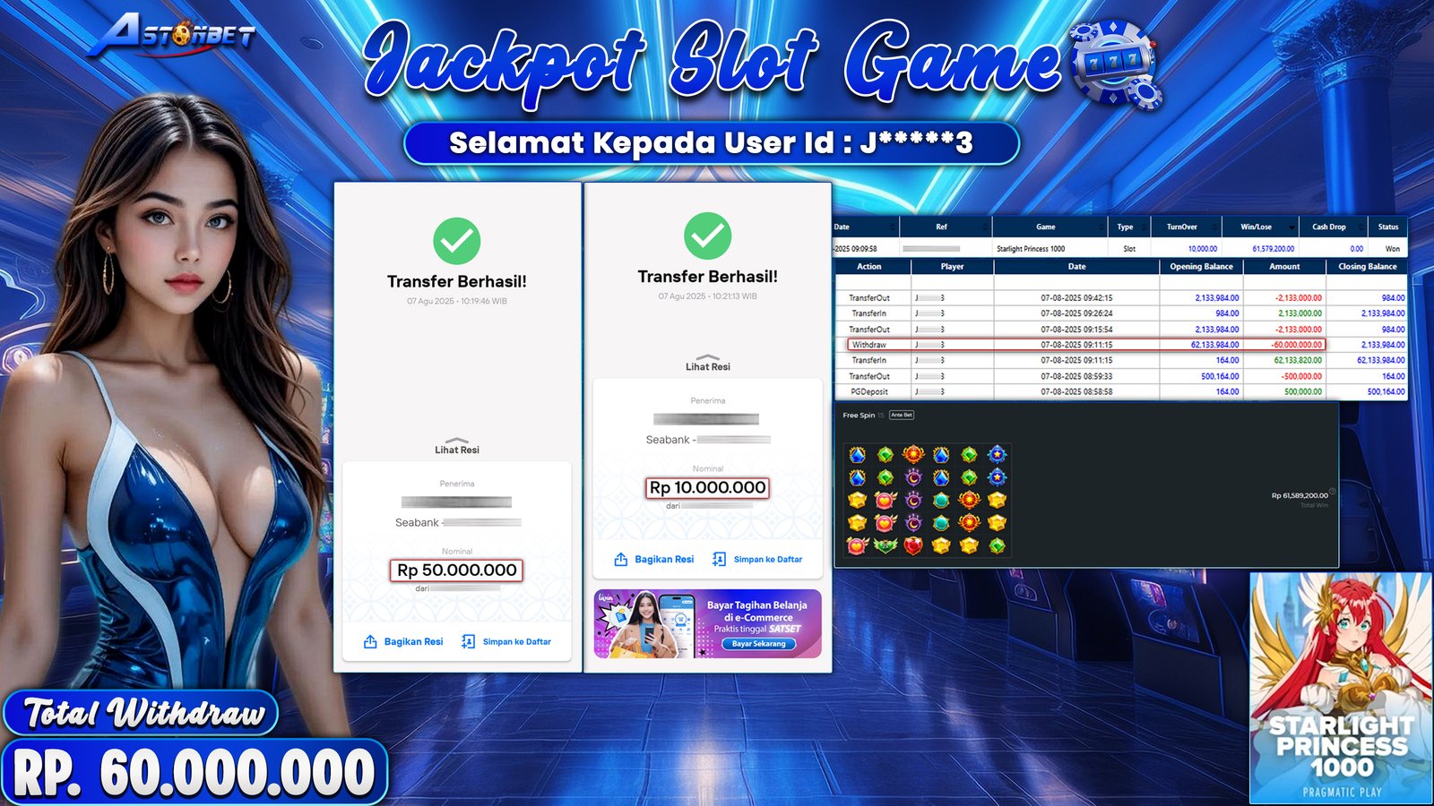 ASTONBET - KEMENANGAN MEMBER DI GAME STARLIGHT PRINCESS 1000 RP. 60.000.000,- LUNAS