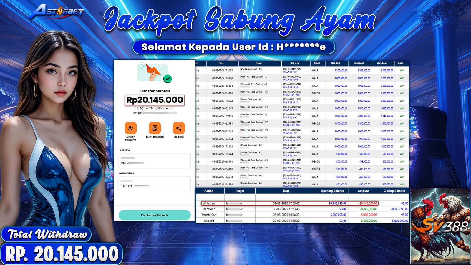 ASTONBET - KEMENANGAN MEMBER DI GAME SABUNG AYAM (SV388) RP. 20.145.000,- LUNAS