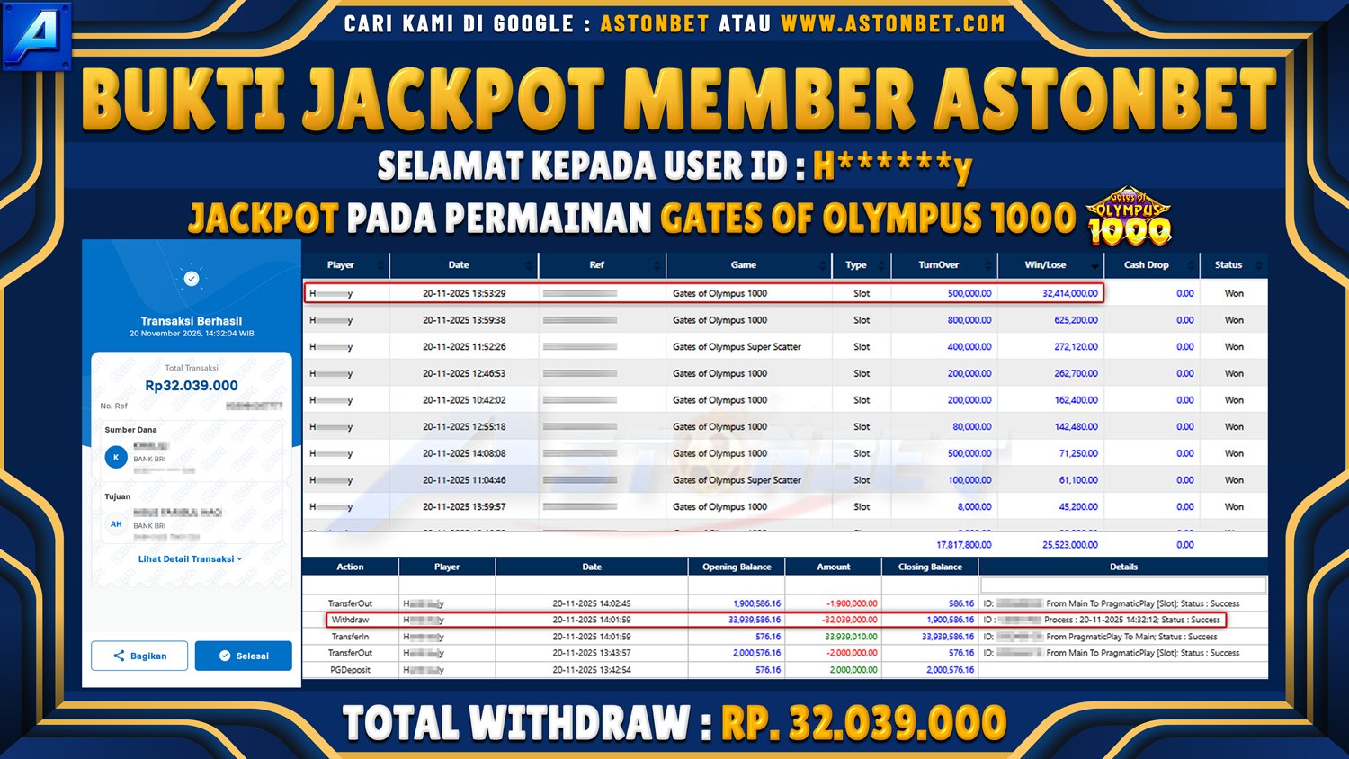 ASTONBET - BUKTI KEMENANGAN USER ID : H******Y DI GAME GATES OF OLYMPUS 1000 RP. 32.039.000 - LUNAS