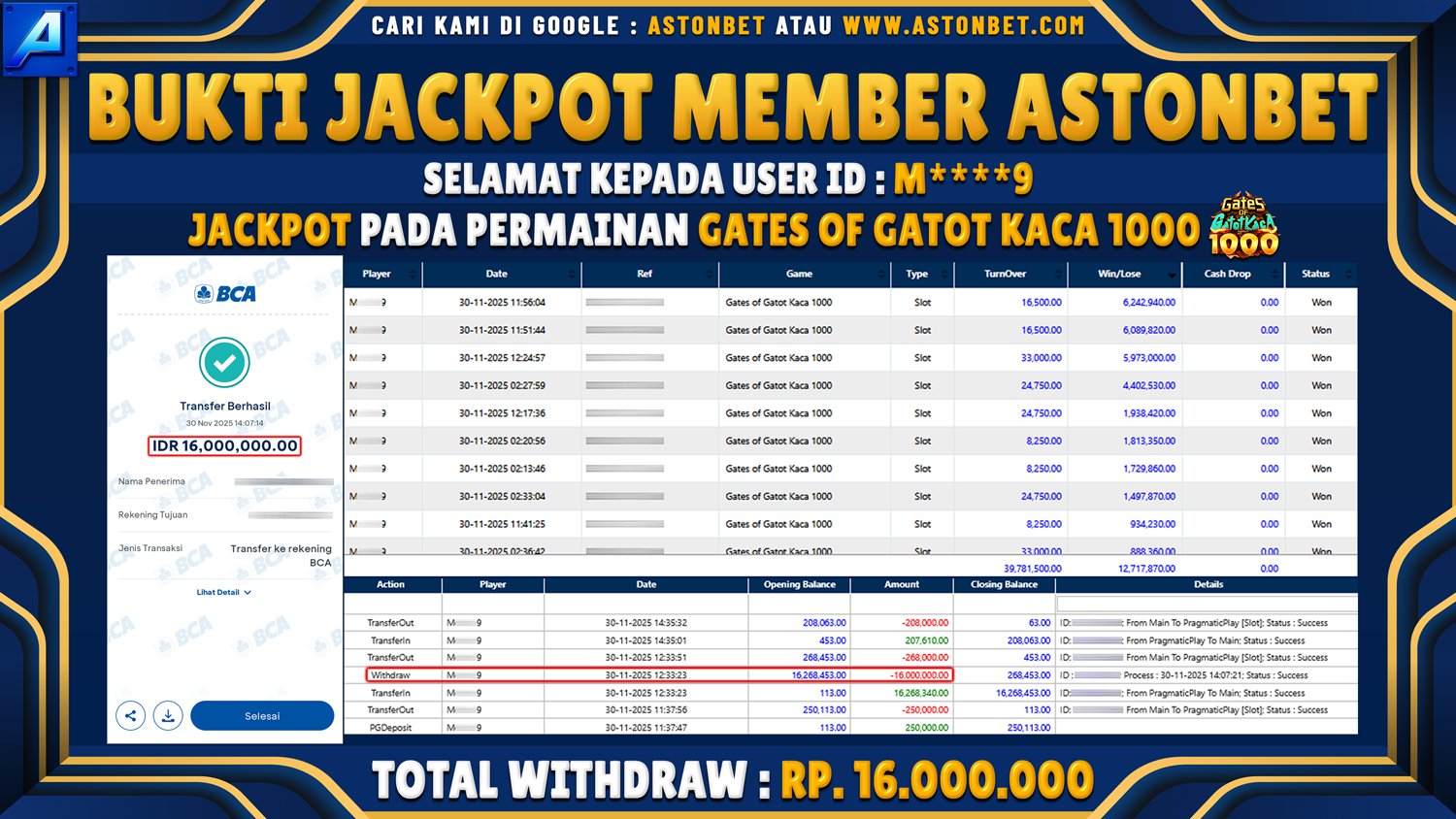 ASTONBET - BUKTI KEMENANGAN USER ID : M****9 DI GAME GATES OF GATOT KACA 1000 RP. 16.000.000 - LUNAS