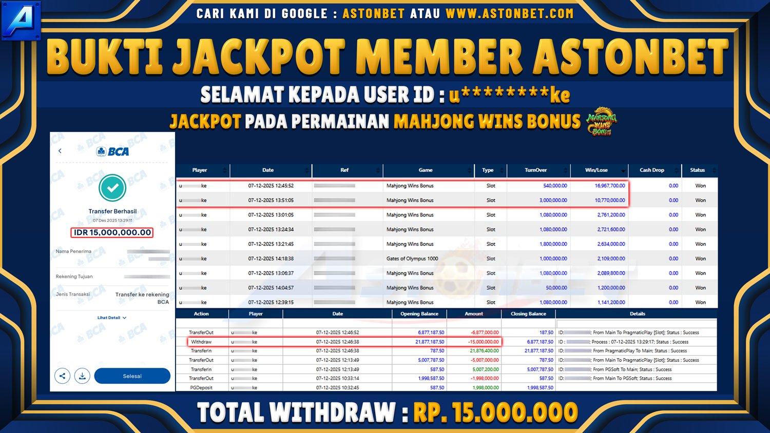 ASTONBET - BUKTI KEMENANGAN USER ID : U*******KE DI GAME MAHJONG WINS BONUS RP. 15.000.000 - LUNAS