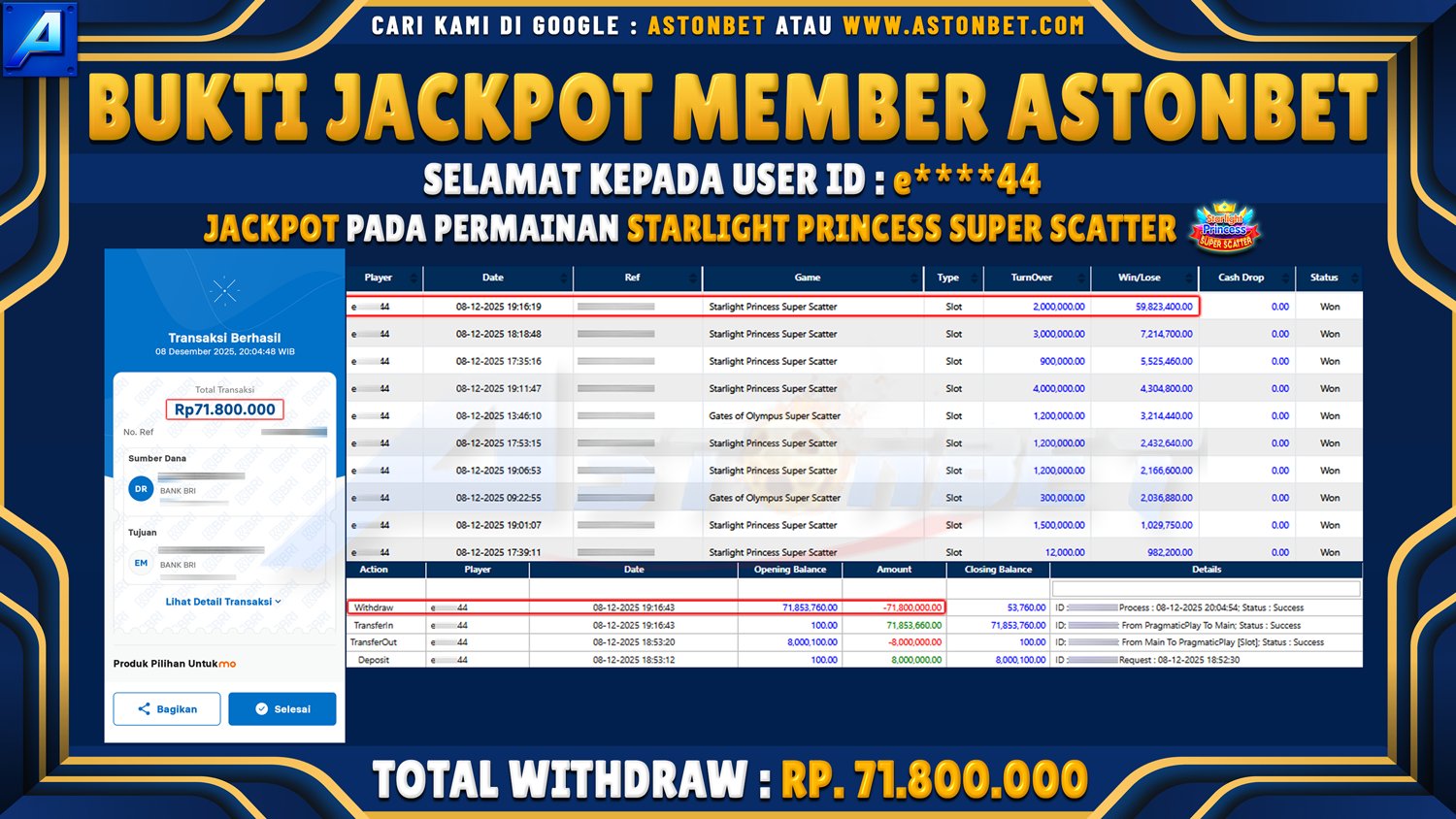 ASTONBET - BUKTI KEMENANGAN USER ID : E******44 DI GAME STARLIGHT PRINCESS SUPER SCATTER RP. 71.800.000 - LUNAS
