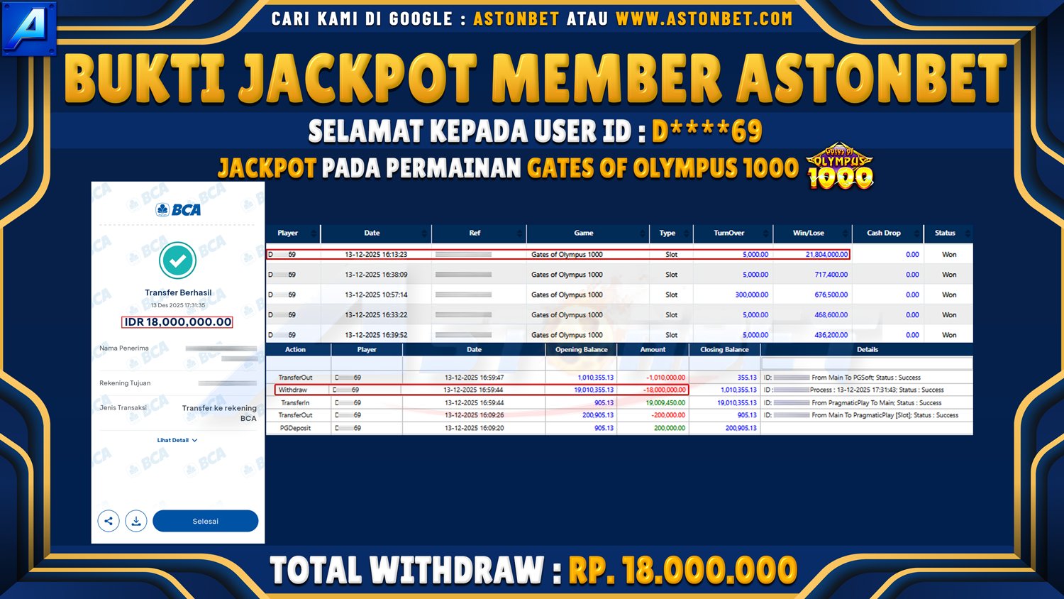 ASTONBET - BUKTI KEMENANGAN USER ID : D****69 DI GAME GATES OF OLYMPUS 1000 RP. 18.000.000 - LUNAS