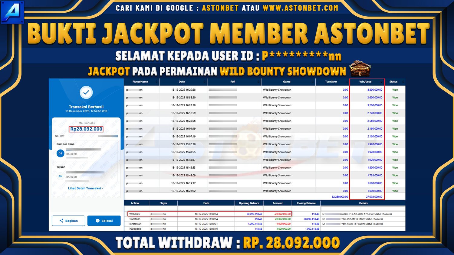 ASTONBET - BUKTI KEMENANGAN USER ID : P*********NN DI GAME WILD BOUNTY SHOWDOWN RP. 28.092.000 - LUNAS
