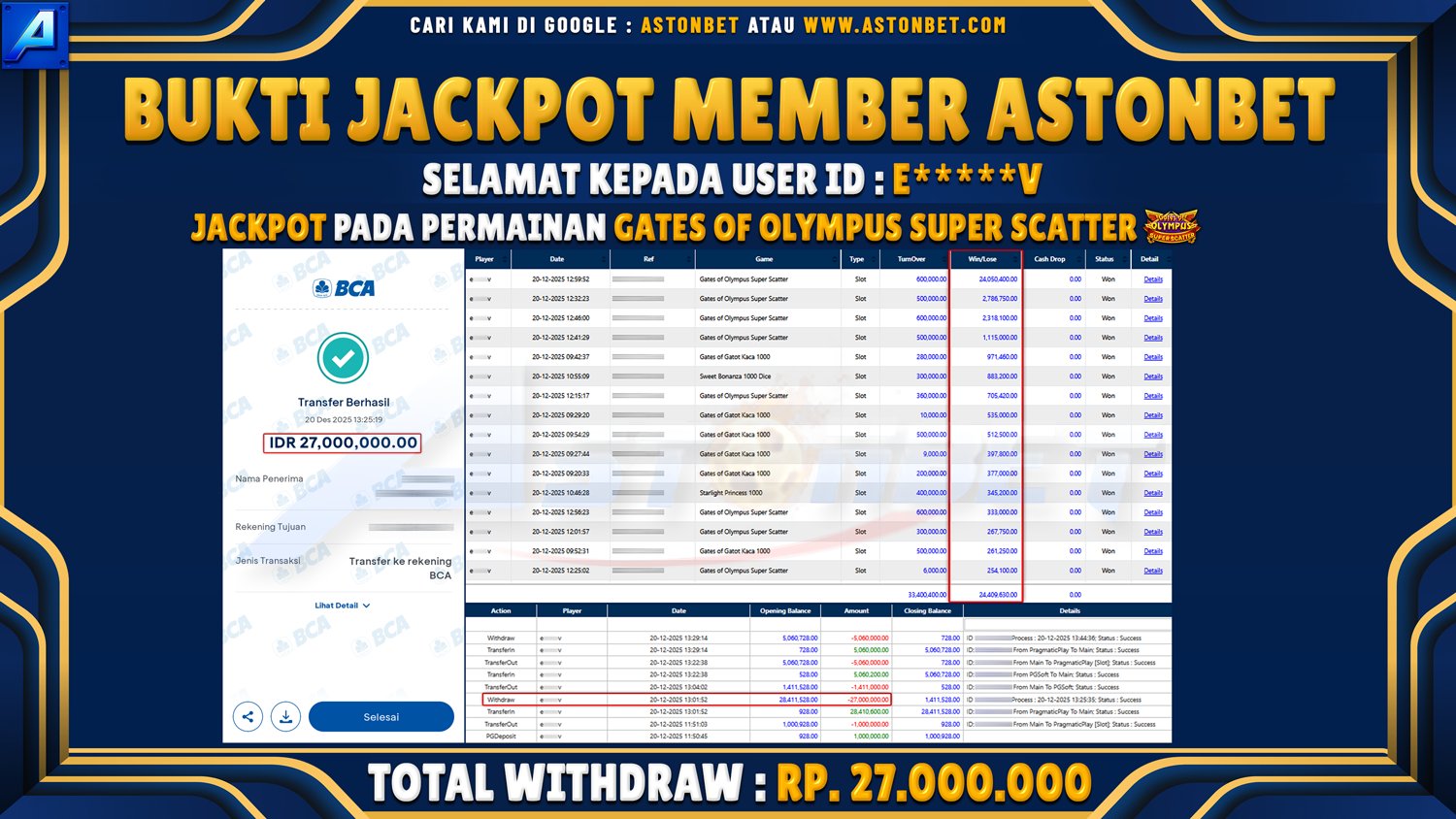 ASTONBET - BUKTI KEMENANGAN USER ID : E*****V DI GAME GATES OF OLYMPUS SUPER SCATTER RP. 27.000.000 - LUNAS