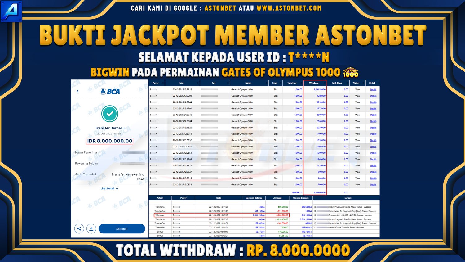 ASTONBET - BUKTI KEMENANGAN USER ID : T****N DI GAME GATES OF OLYMPUS 1000 RP. 8.000.000 - LUNAS