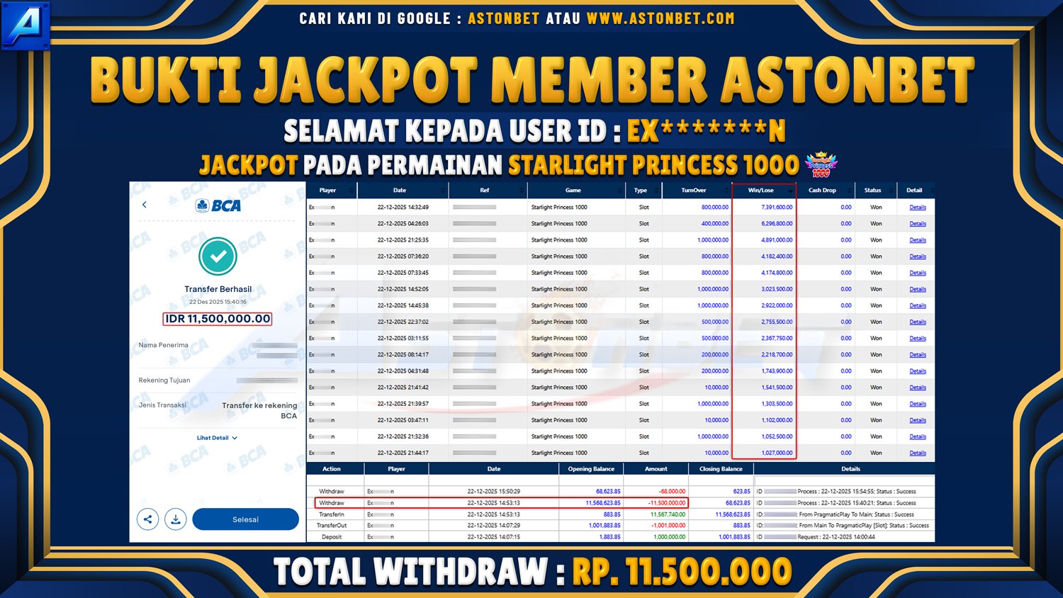 ASTONBET - BUKTI KEMENANGAN USER ID : EX*******N DI GAME STARLIGHT PRINCESS 1000 RP. 11.500.000 - LUNAS