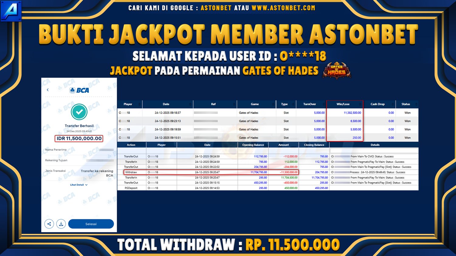 ASTONBET - BUKTI KEMENANGAN USER ID : O****18 DI GAME GATES OF HADES RP. 11.500.000 - LUNAS