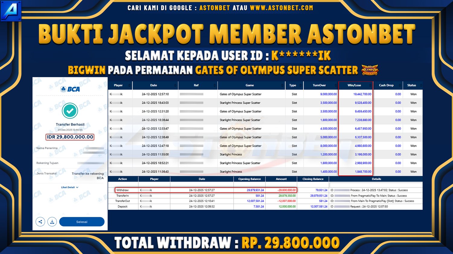 ASTONBET - BUKTI KEMENANGAN USER ID : K******IK DI GAME GATES OF OLYMPUS SUPER SCATTER RP. 29.800.000 - LUNAS