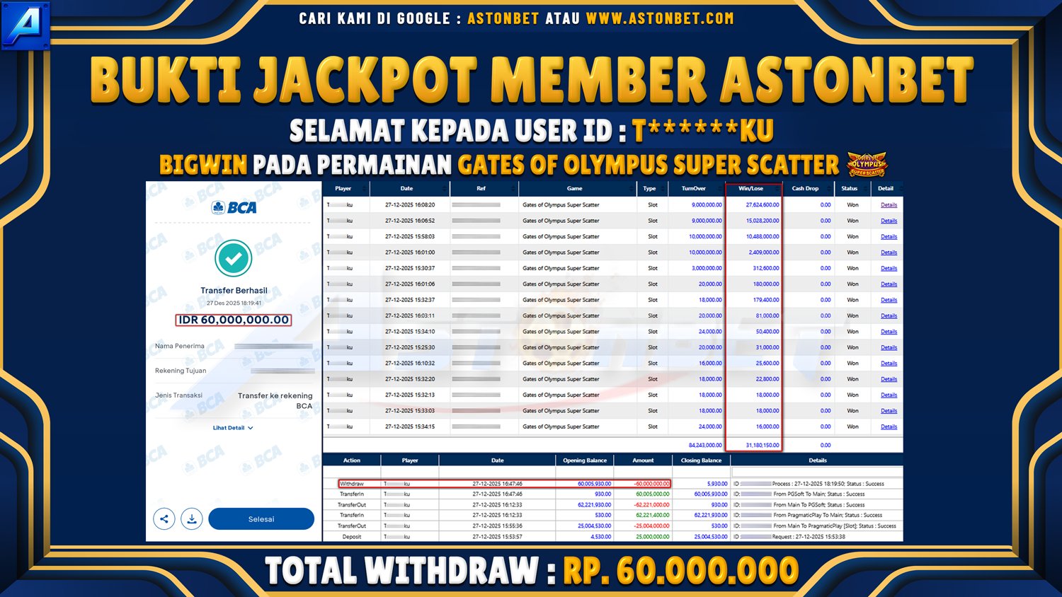 ASTONBET - BUKTI KEMENANGAN USER ID : T******KU DI GAME GATES OF OLYMPUS SUPER SCATTER RP. 60.000.000 - LUNAS