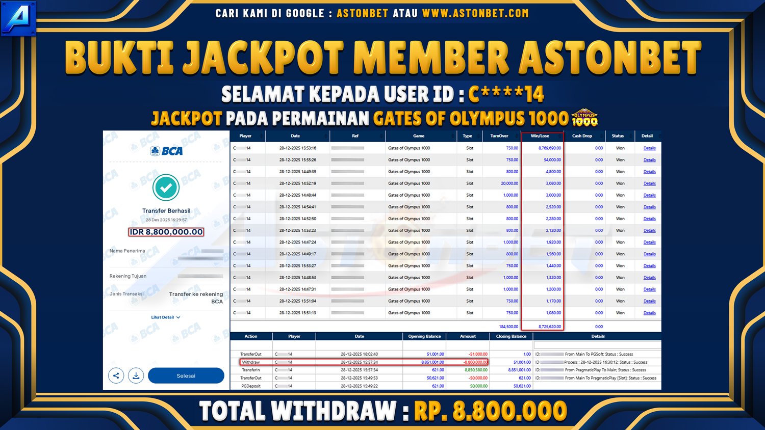 ASTONBET - BUKTI KEMENANGAN USER ID : C****14 DI GAME GATES OF OLYMPUS 1000 RP. 8.800.000 - LUNAS
